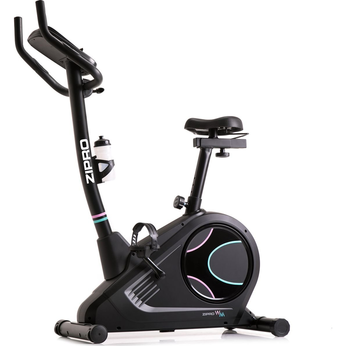 Schwarzes Zipro-Heimtrainer, weißer Hintergrund. Es hat ein digitales Display und einen Wasserflaschenhalter.