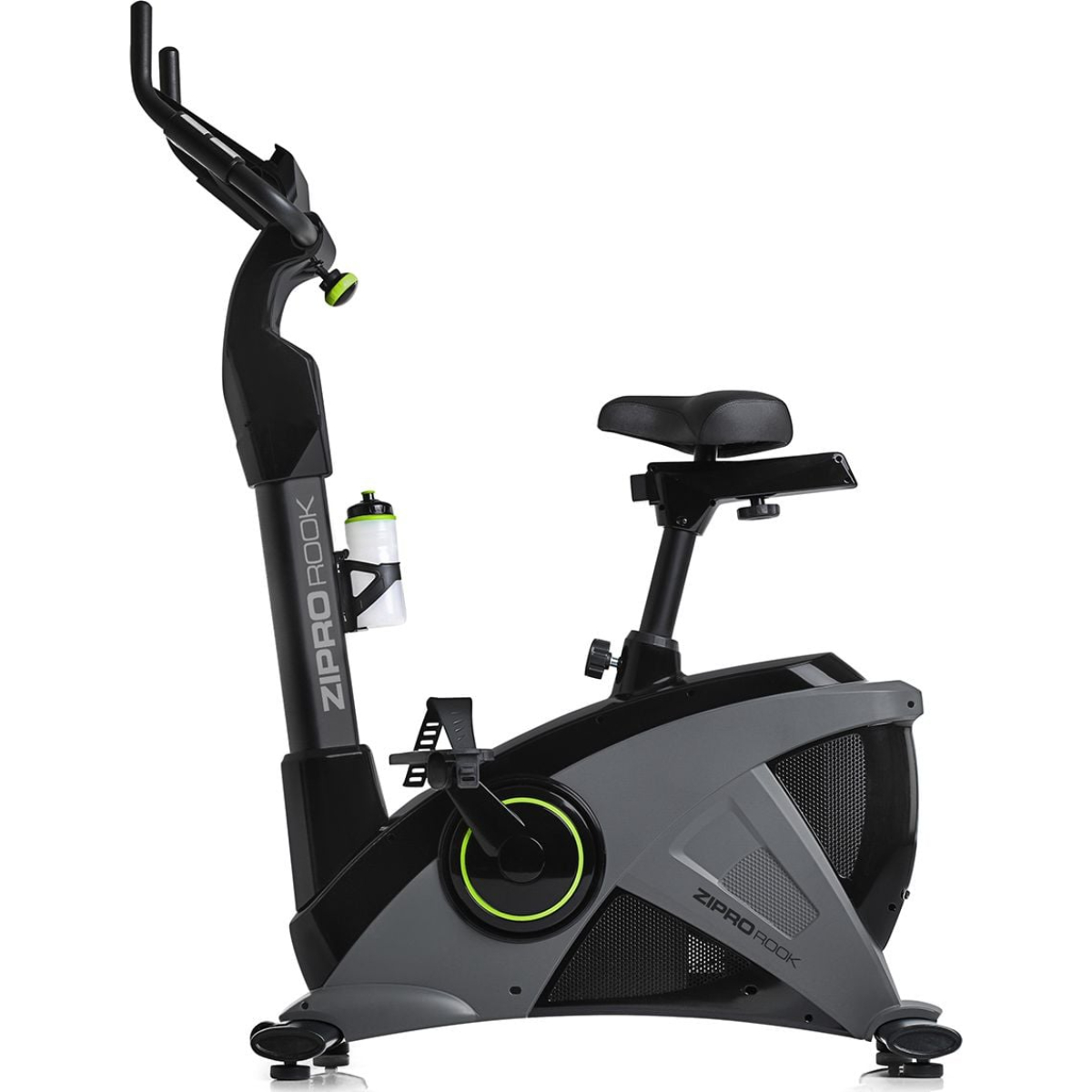 Heimtrainer. Schwarz-graues Design mit Flaschenhalter. Weißer Hintergrund.