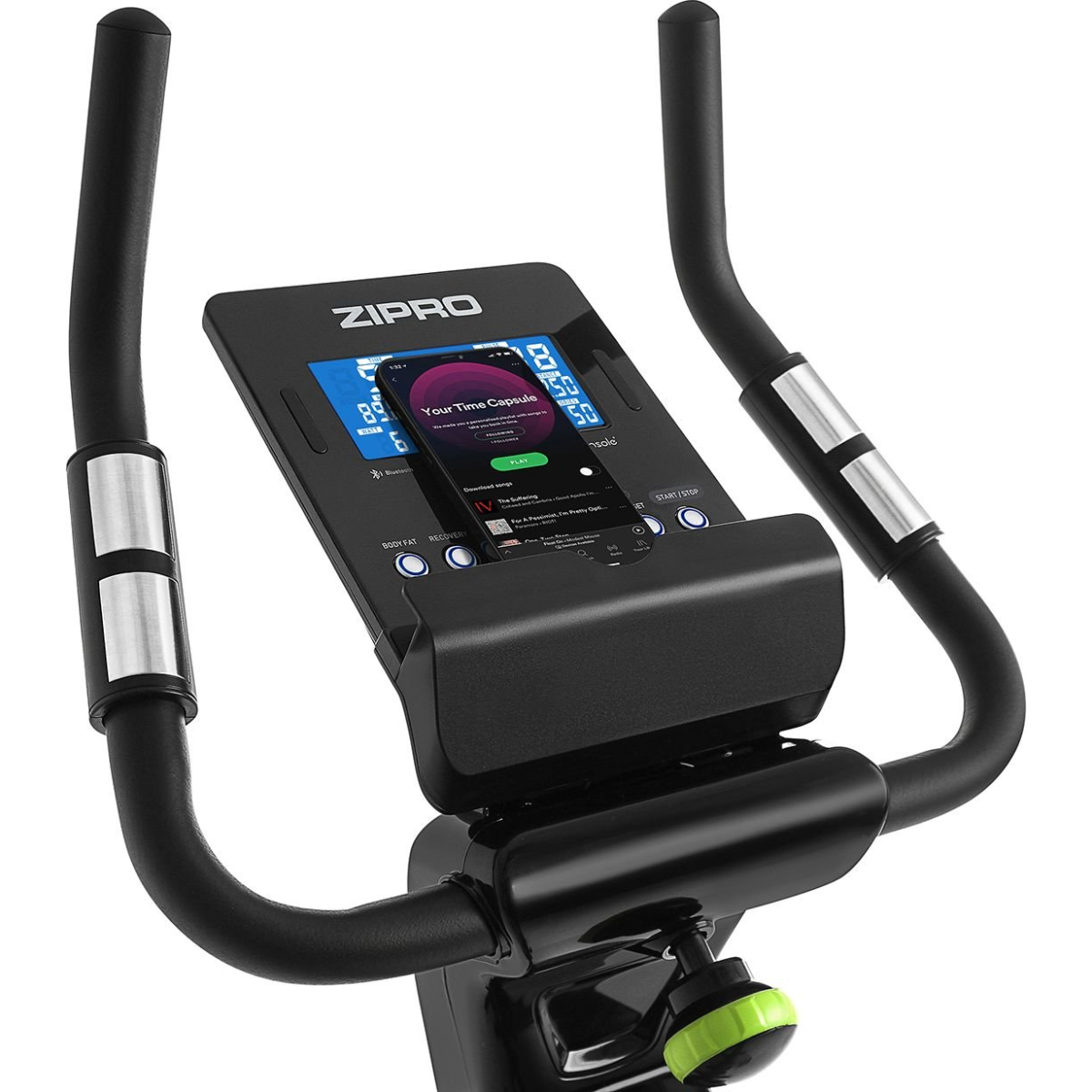 Ein schwarzes Heimtrainingsfahrrad mit einem Bildschirm, der eine Telefon-App anzeigt.