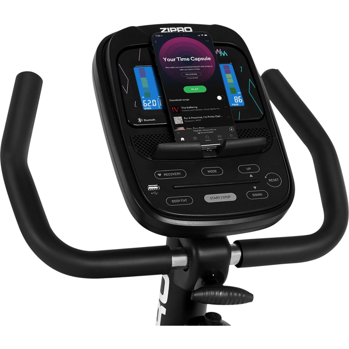 Schwarze Heimtrainer-Konsole mit Telefonhalter, Digitalanzeigen und Lenker.
