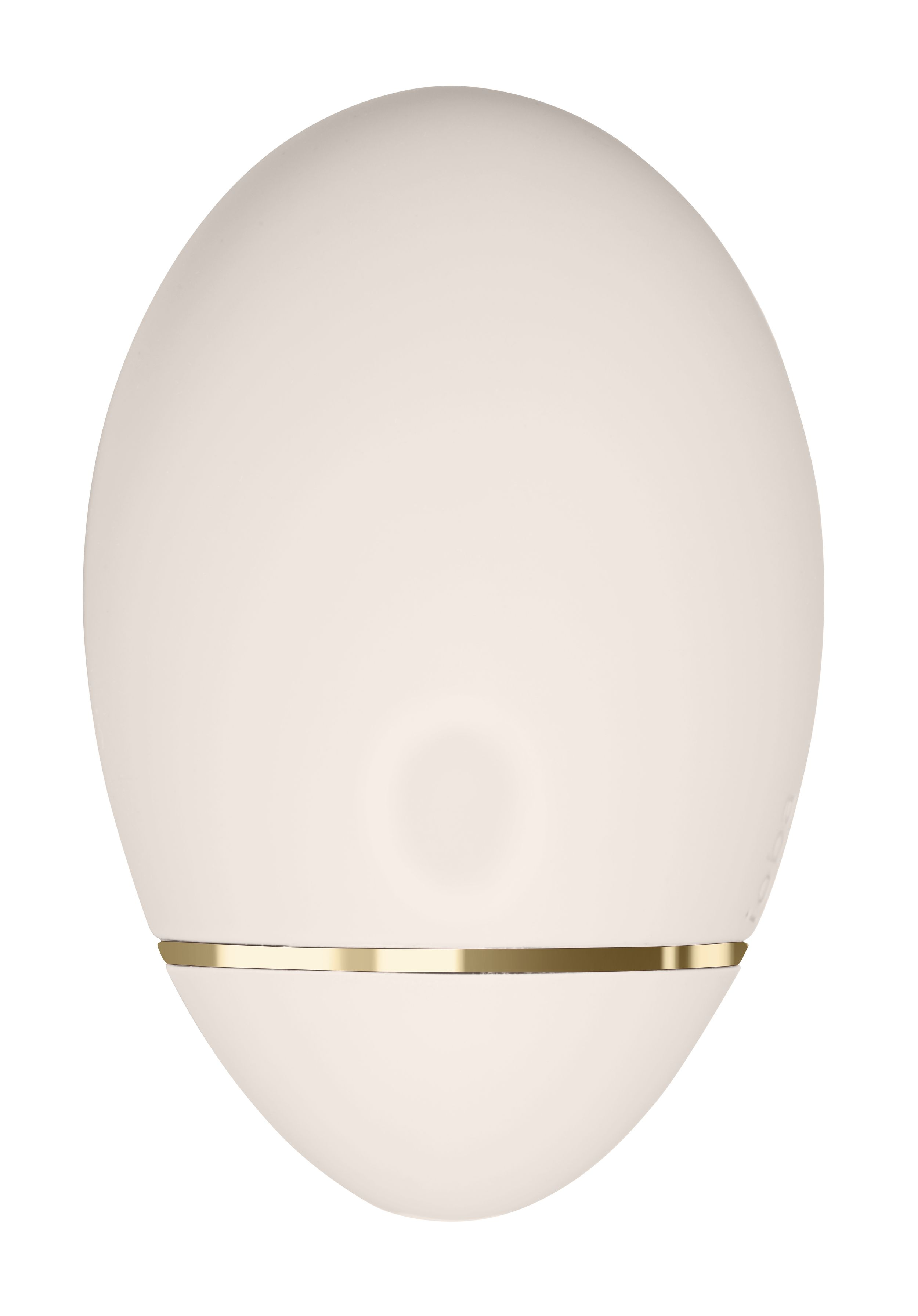 Cremefarbenes, oval geformtes persönliches Massagegerät mit goldfarbenem Sockel. Weißer Hintergrund.