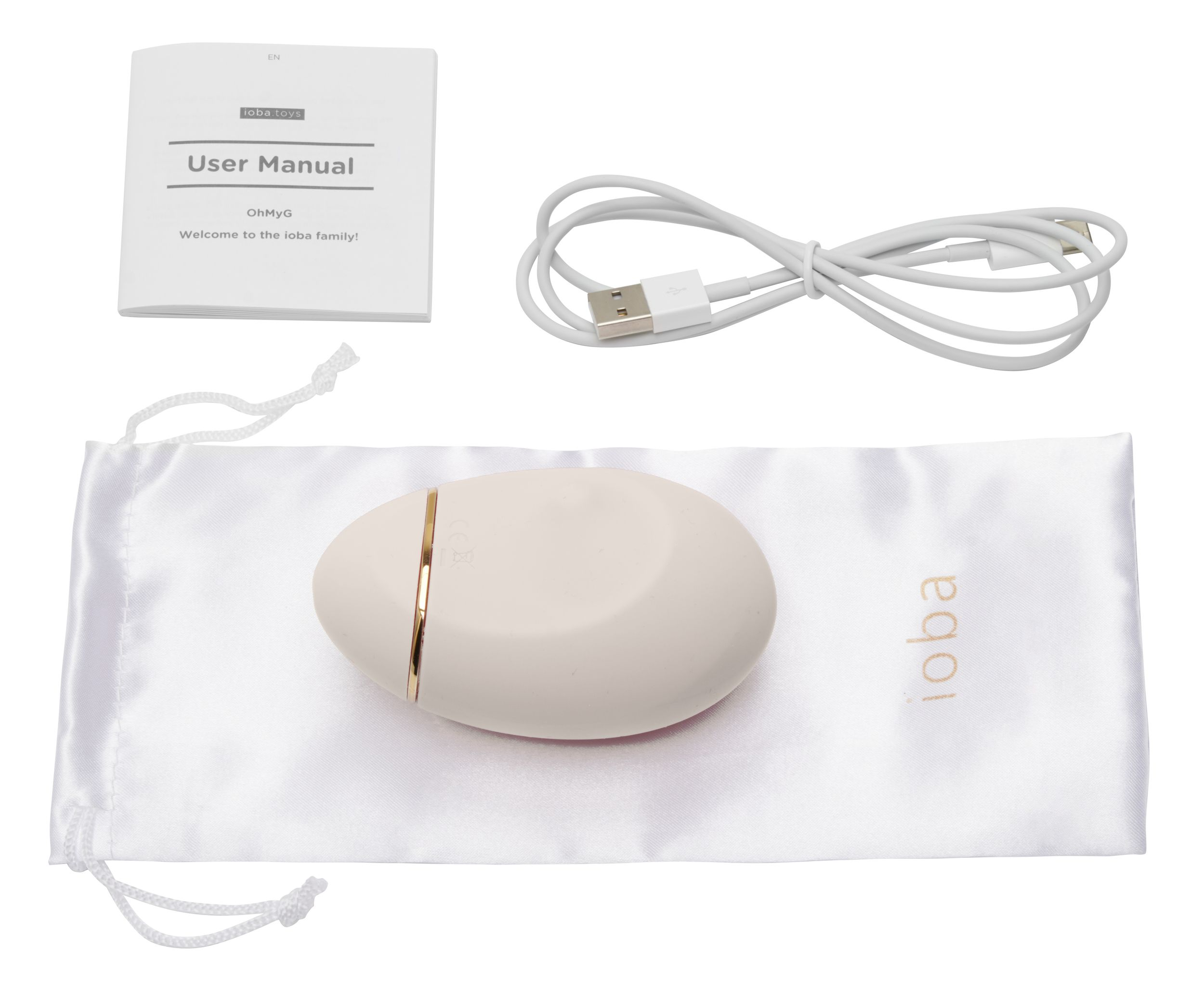 Ioba Spielzeug-Produktset. Enthält ein weißes, eiförmiges Gerät, eine Bedienungsanleitung.