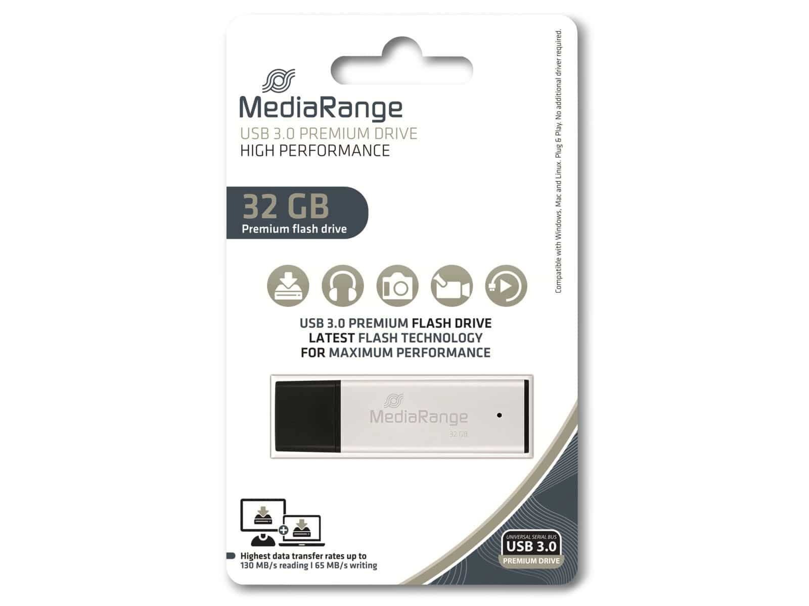MEDIARANGE USB-Stick MR1900, USB-Stick GB USB 3.0, 32 (schwarz/silber, GB) 32