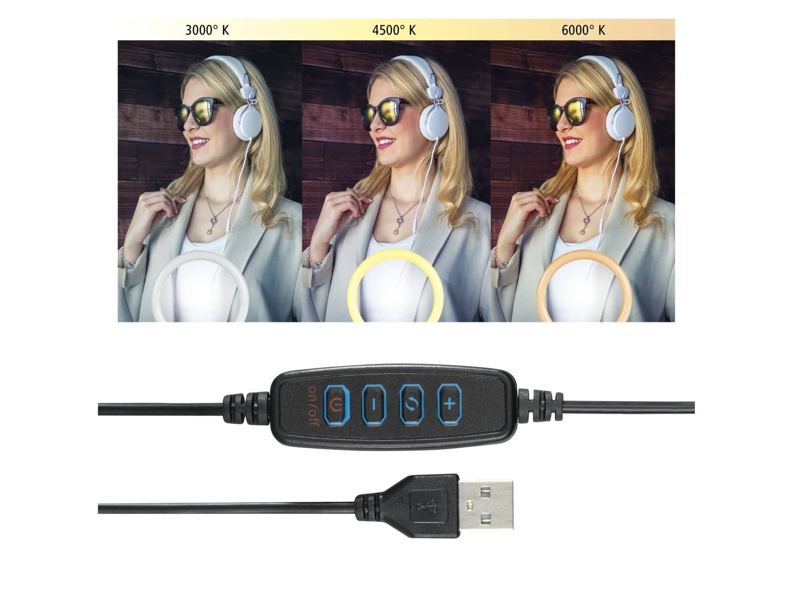 Kobieta w słuchawkach i okularach przeciwsłonecznych z trzema różnymi opcjami oświetlenia. Poniżej kabel USB.