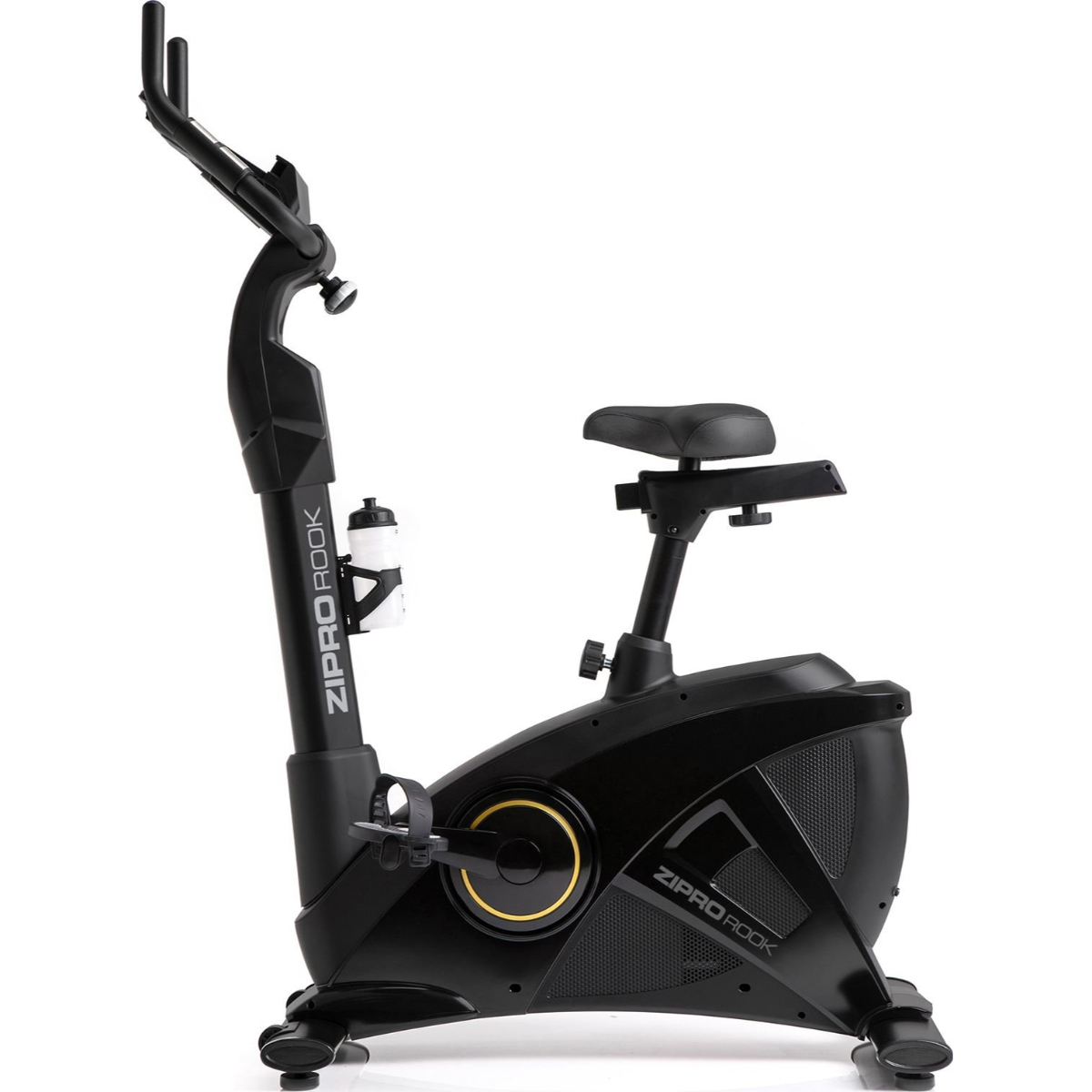 Schwarzes Trainingsfahrrad. ZIPro ROCK Markenname. Wasserflaschenhalter. Schwarz-Gold-Akzente.