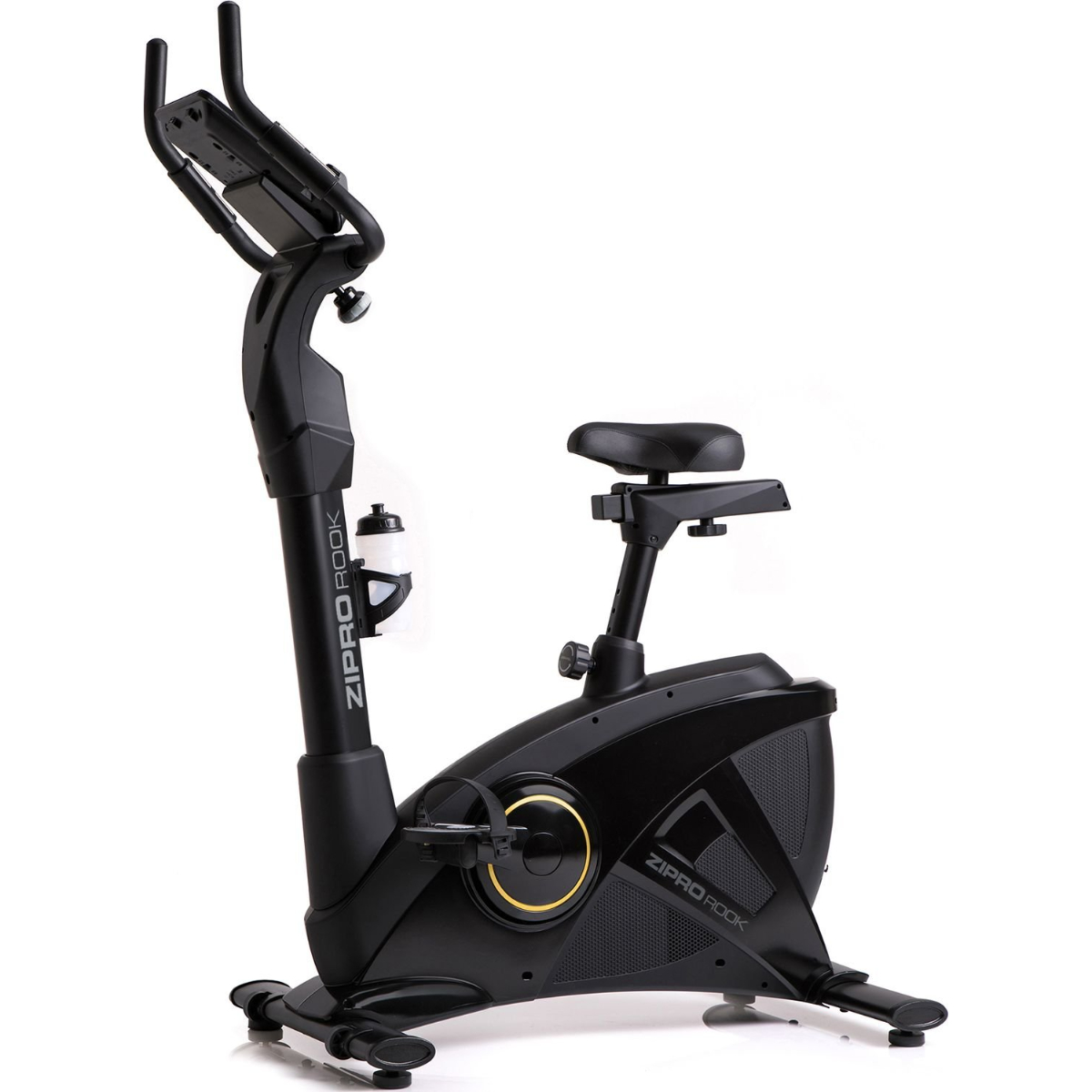 Schwarzes Heimtrainer. Hat einen Bildschirm, eine Wasserflasche und der Markenname ZIPRO ROCK ist sichtbar.