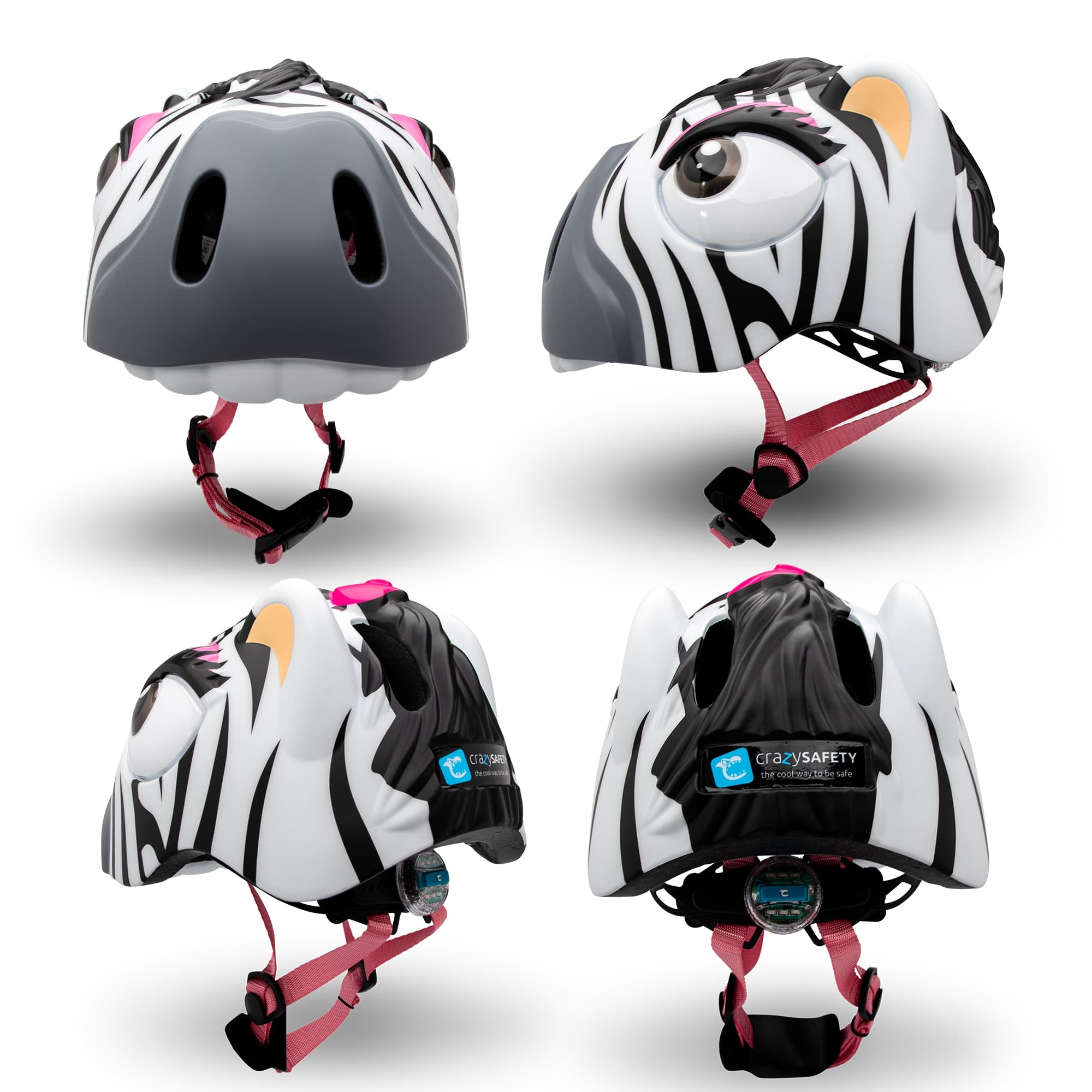 Zebra cm, Weißes White) für EN1078 | Crazy Fahrradhelm | CRAZY Geprüft, Kinder | 49-55cm SAFETY Safety