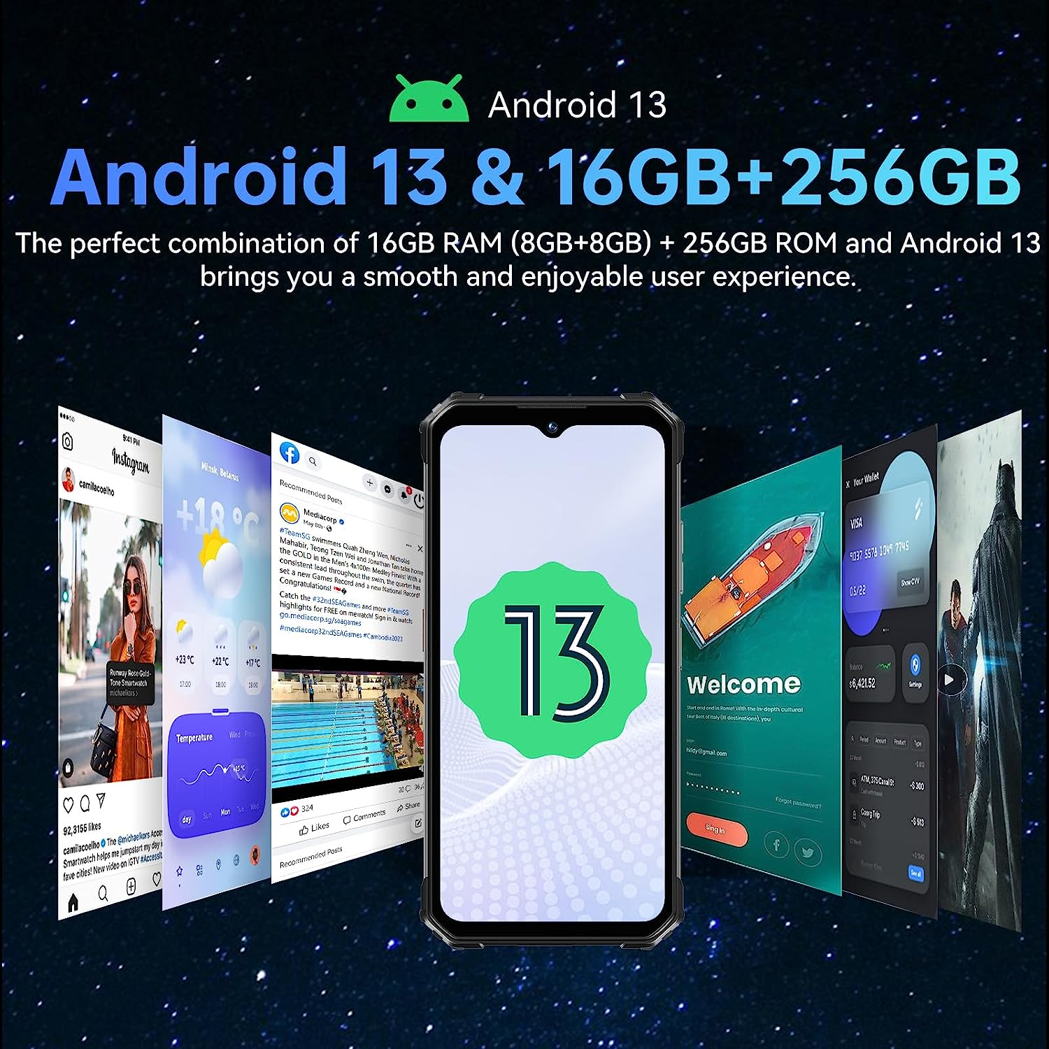Smartphone zeigt App-Oberflächen mit Android 13 Logo und Text.