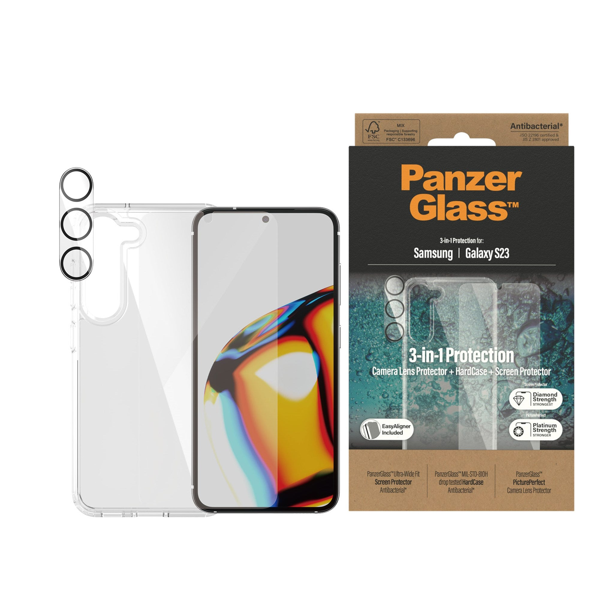 Telefono e custodia su bianco. Scatola a destra con testo: Panzer Glass, protezione 3-in-1 e Samsung Galaxy S23.