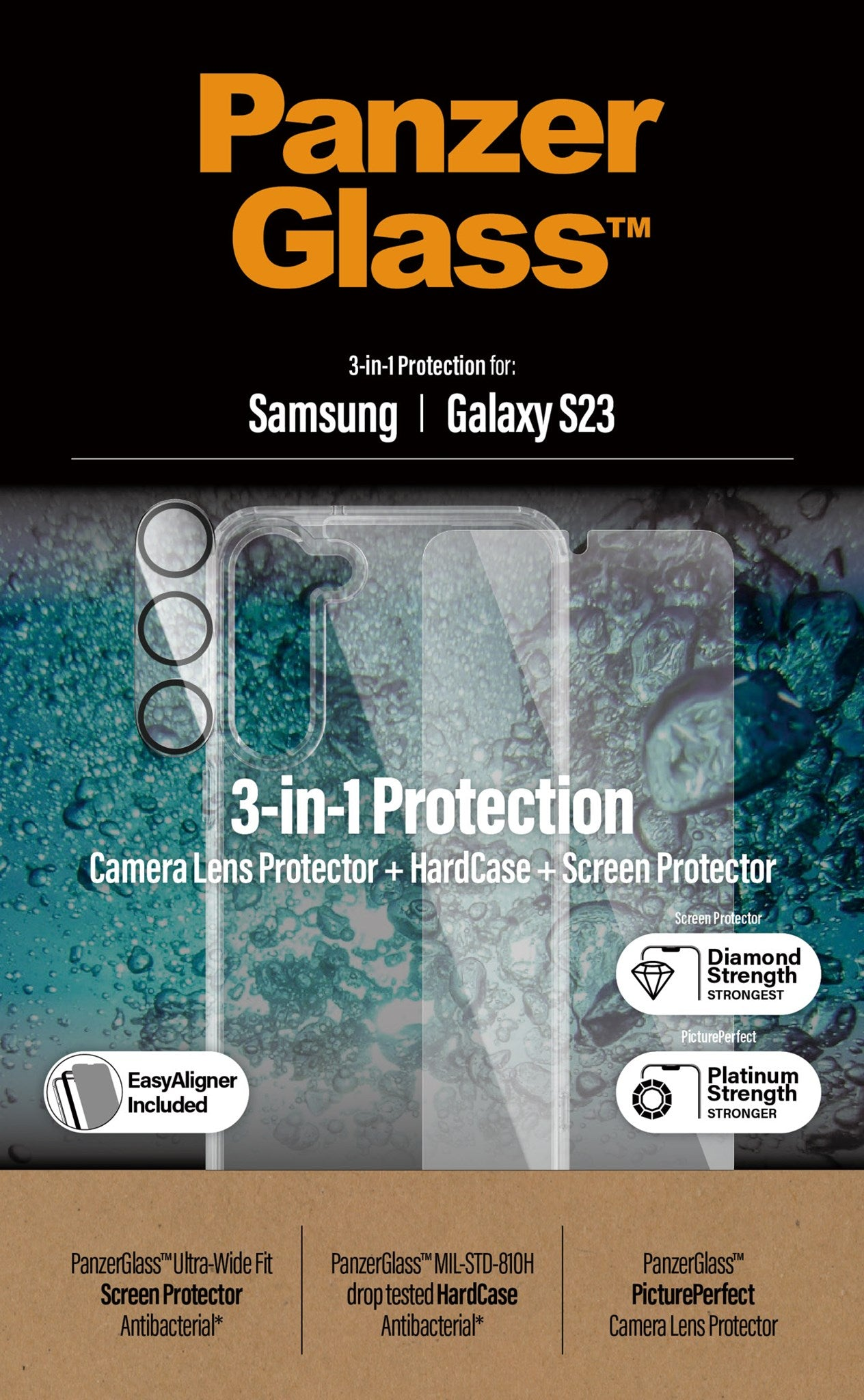 Confezione protezione schermo PanzerGlass con Samsung Galaxy S23. Custodia, lente e schermo.