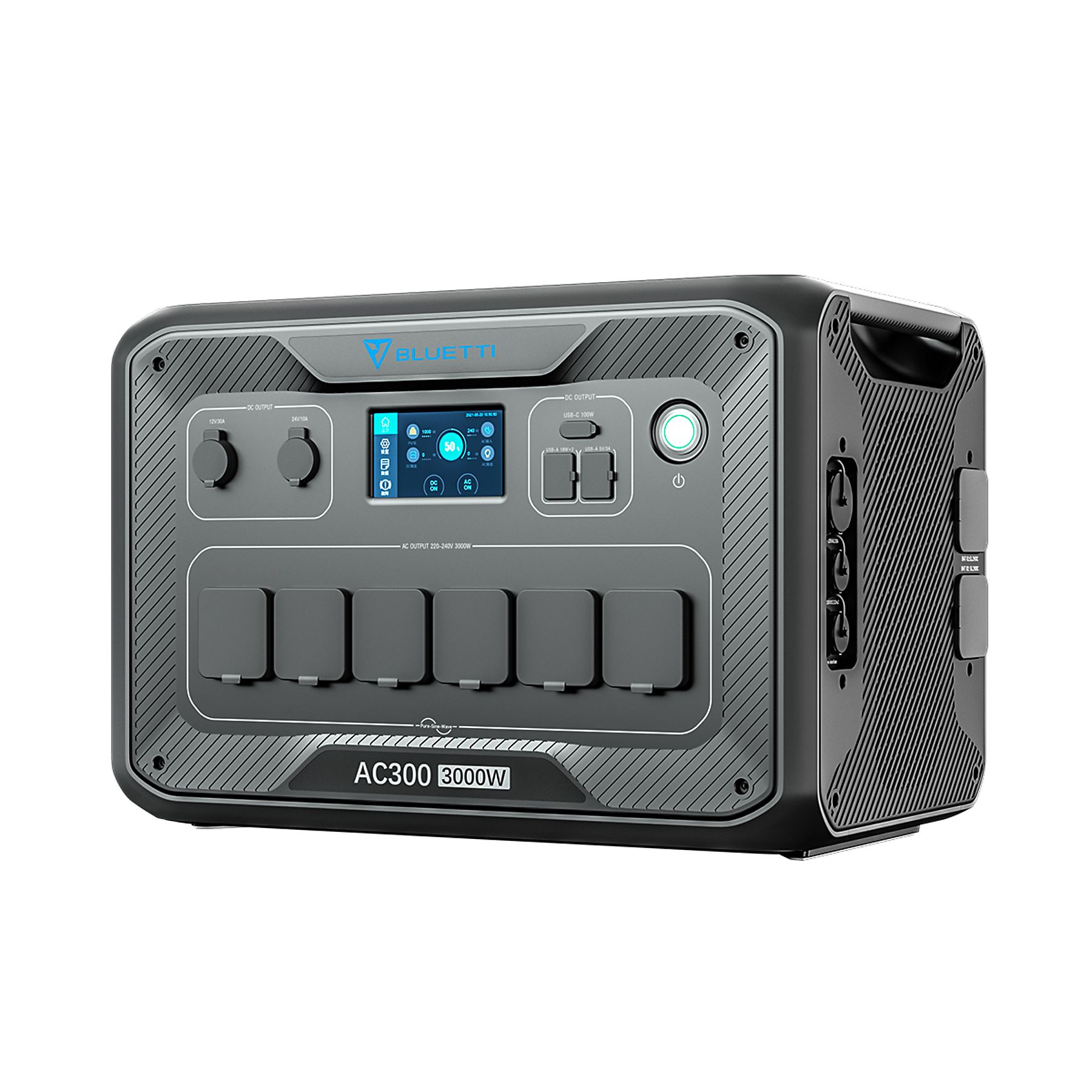 Czarna i szara stacja zasilania z kilkoma portami, wyświetlaczem i uchwytem.