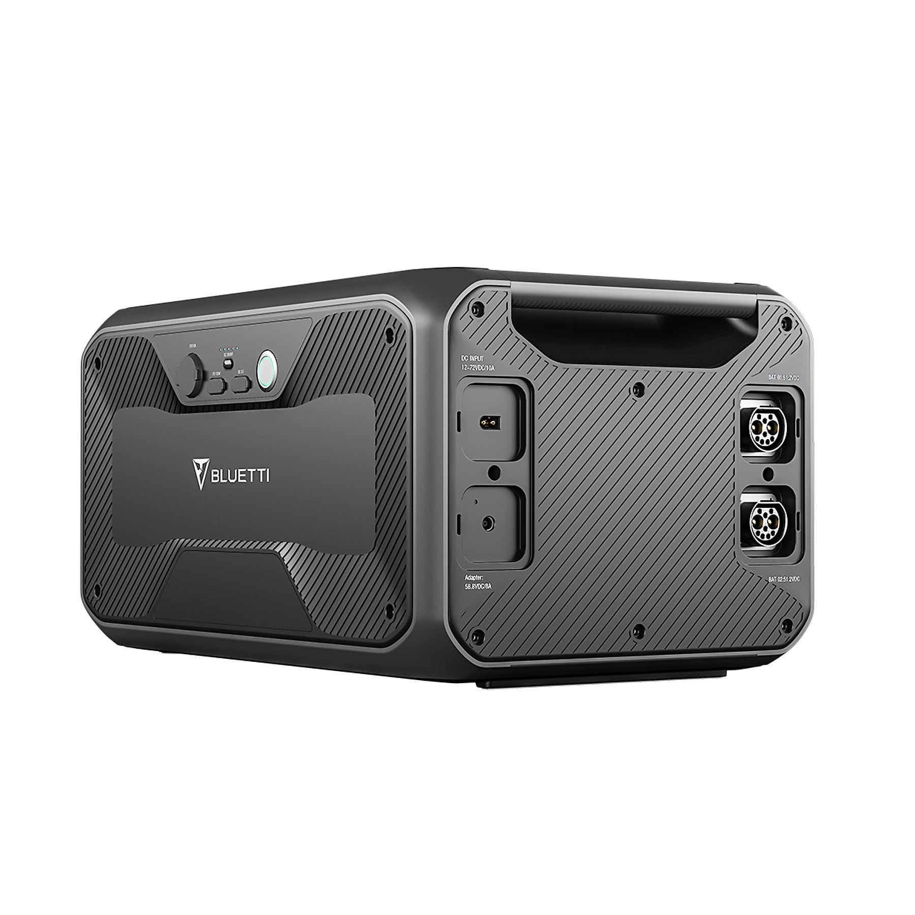 Czarna przenośna stacja zasilania z portami i kontrolkami. Ciemnoszara teksturowana powierzchnia.