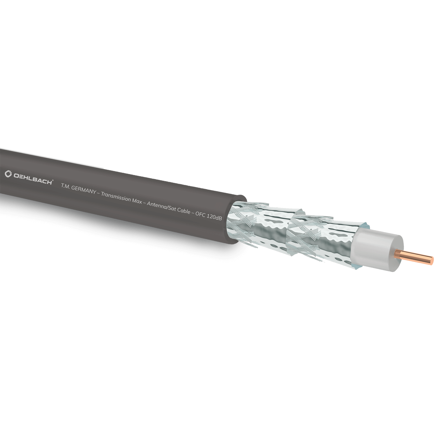 Ein Querschnitt durch ein graues Koaxialkabel mit sichtbaren Innenkomponenten.