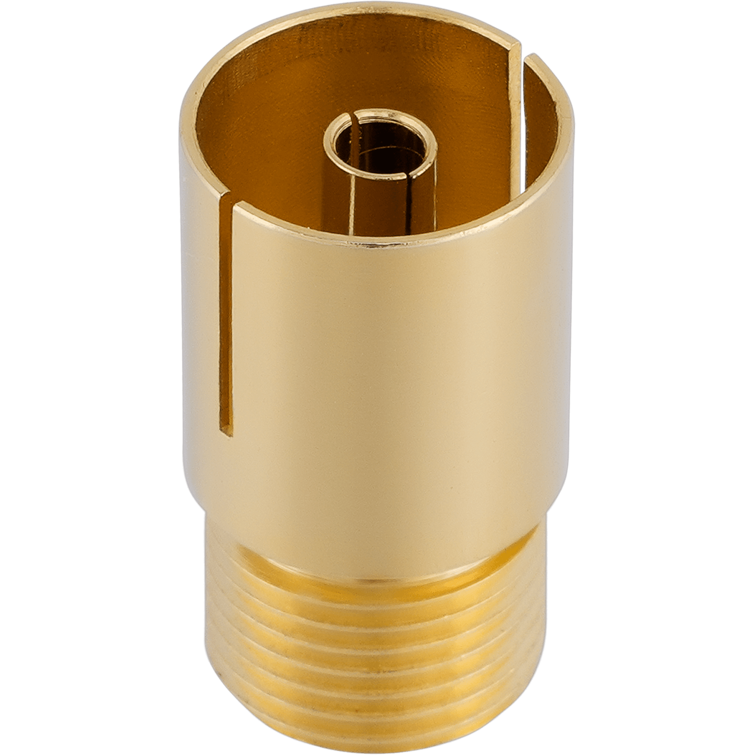 Goldfarbener Metallverbinder mit Gewindebasis und zentralem Loch.