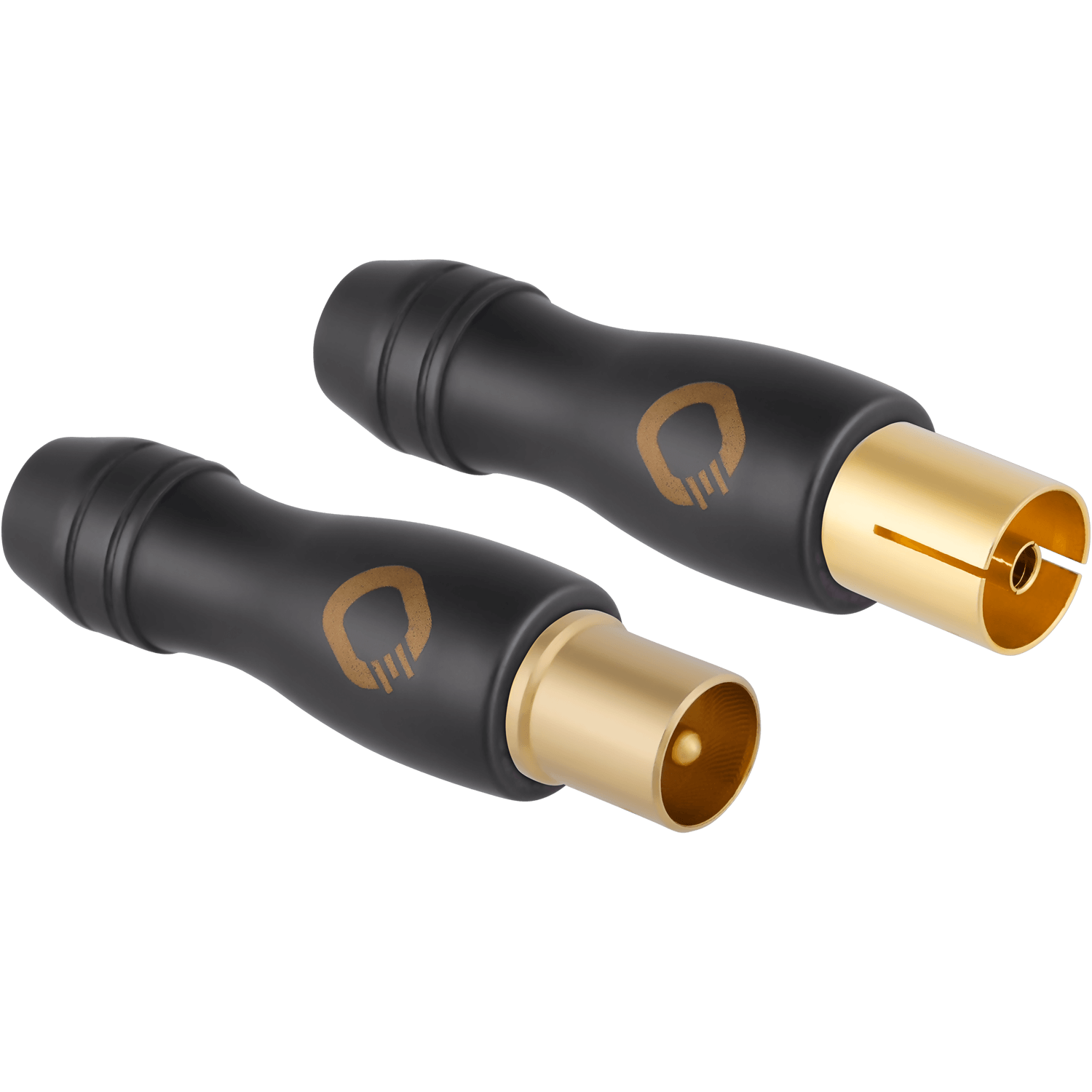 Zwei schwarze und goldfarbene Koaxialstecker mit schwarzem Gehäuse und Goldspitze.
