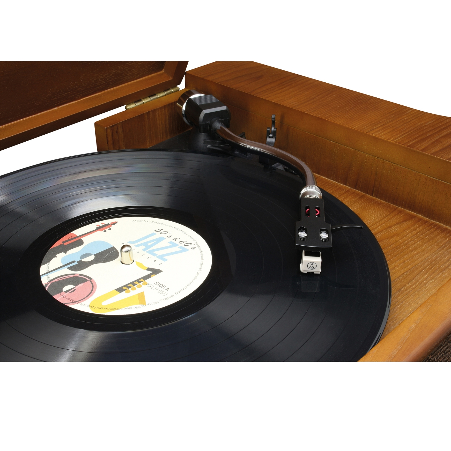 Tourne-disque avec vinyle noir jouant de la musique, boîtier en bois.
