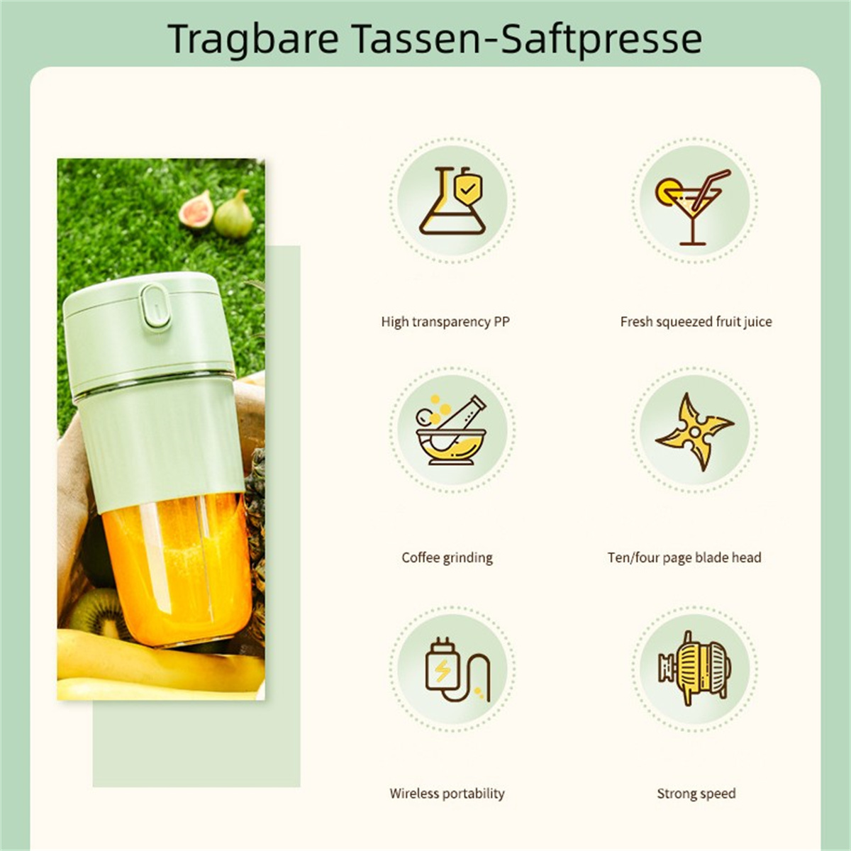 Tragbarer Entsafter mit Früchten. Symbole zeigen PP, Saft, Mahlen, Klingen, drahtlos und Geschwindigkeit.