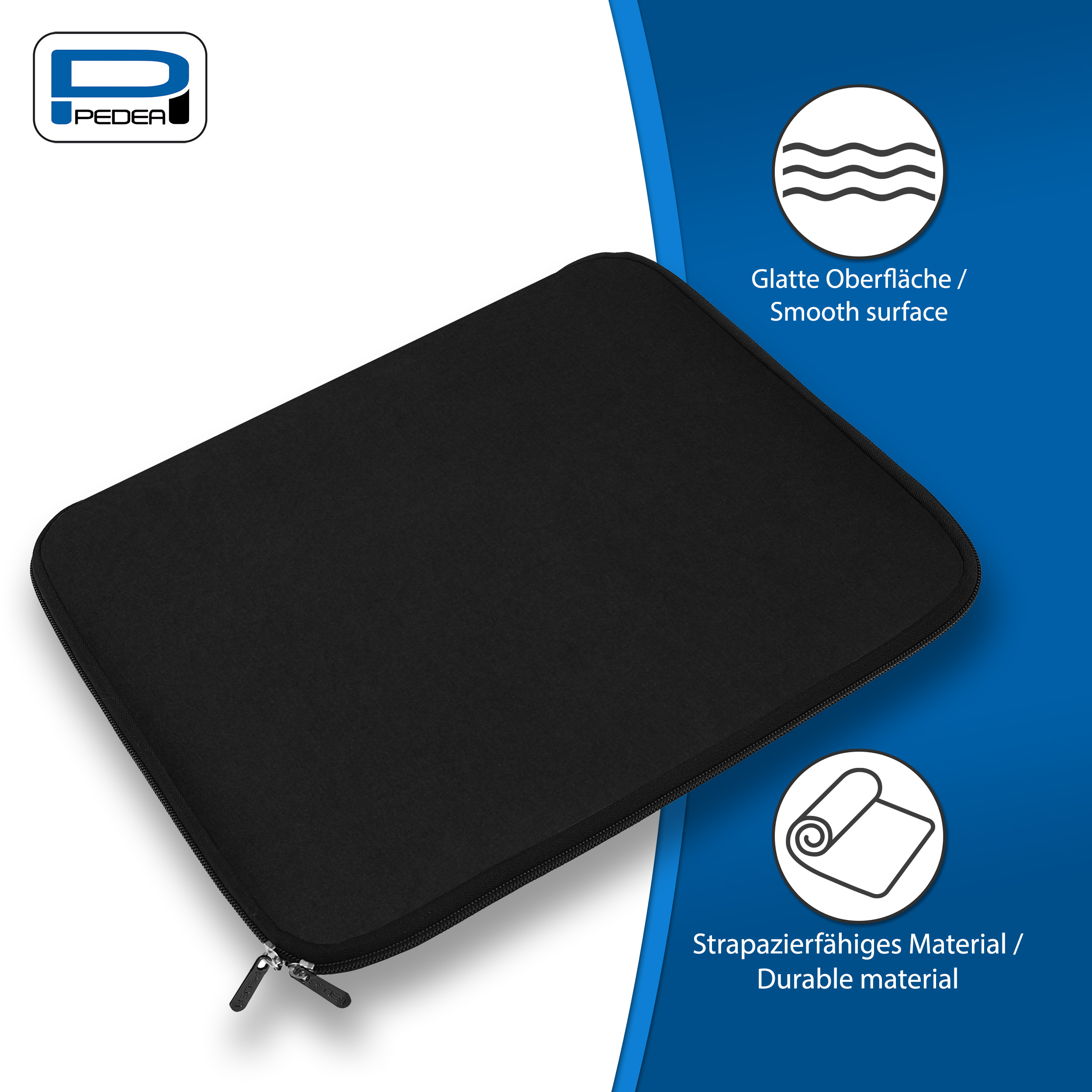 Schwarze Laptoptasche mit Reißverschluss und Logo. Blauer Hintergrund mit beschreibendem Text.