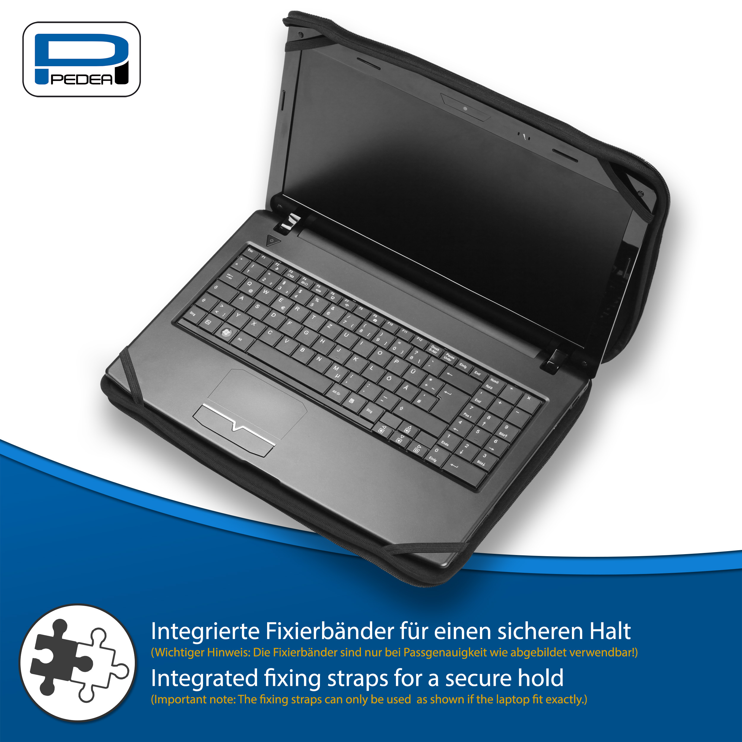 Laptop in einer schwarzen Hülle. Hülle ist geöffnet, Tastatur sichtbar. Text: Sicherer Halt durch Fixierbänder.