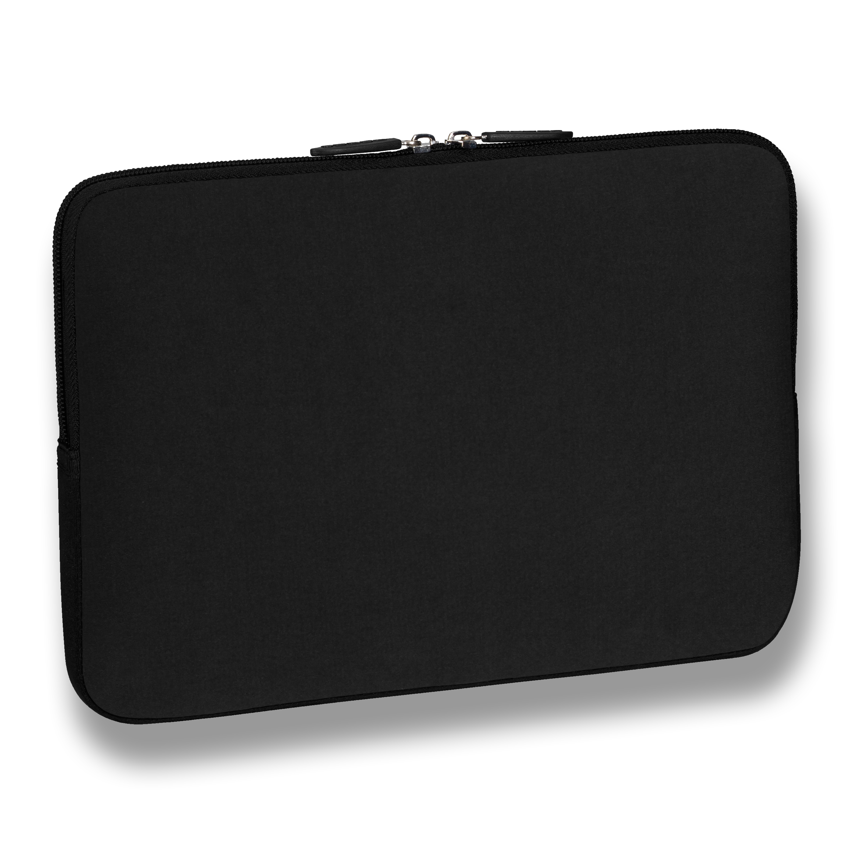 Custodia per laptop nera, con zip, su sfondo bianco.