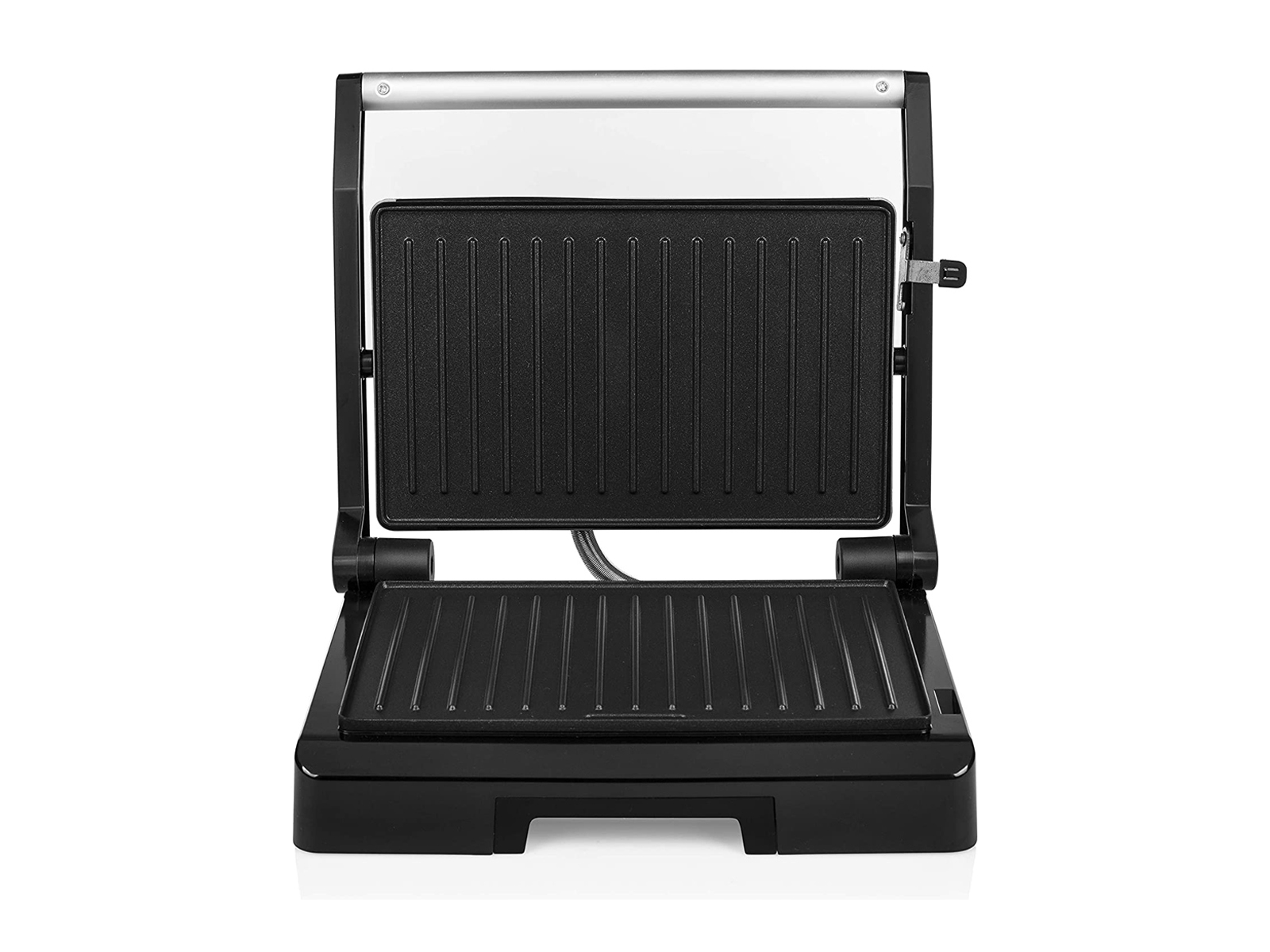 Offener Elektrogrill, schwarz mit silbernen Akzenten. Obere Platte offen.