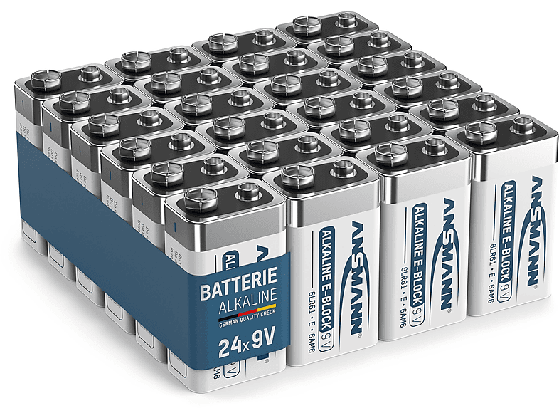 ANSMANN 9V Block Alkaline longlife (24 Stück) - ideal für Rauchmelder, Alarmanlagen, Brandmelder 9 Volt Block E Batterie, 9V Alkaline Batterie, 9 Volt