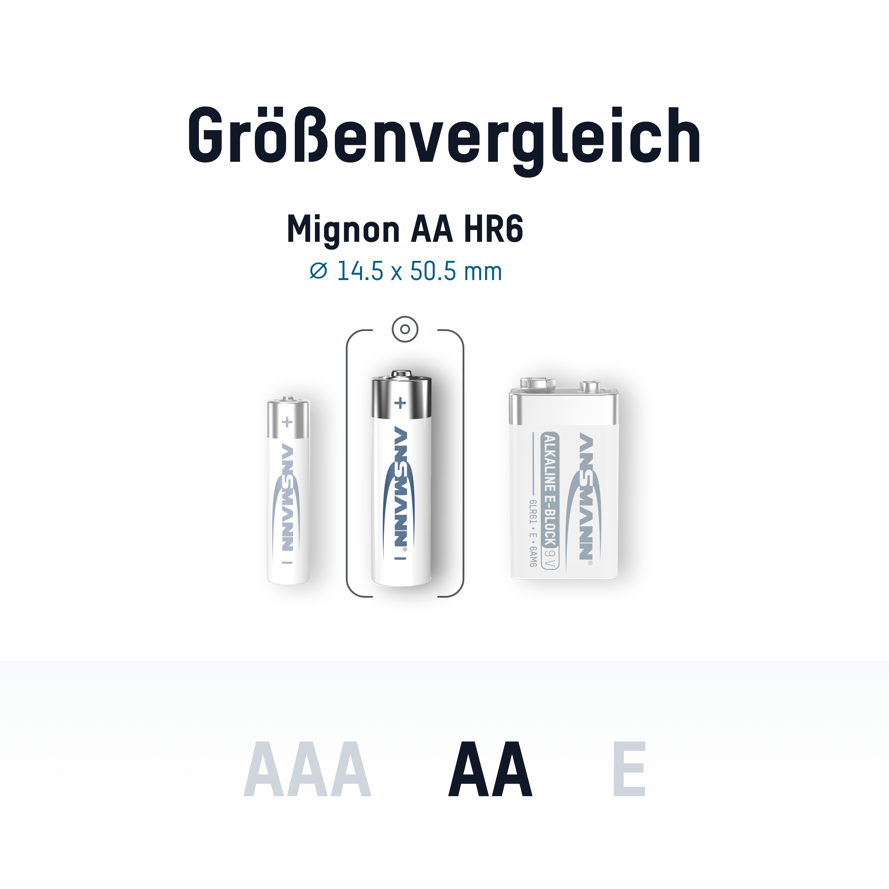 Vergleich von AAA-, AA- und E-Batterien. AA-Batterie in der Mitte, weißer Hintergrund.
