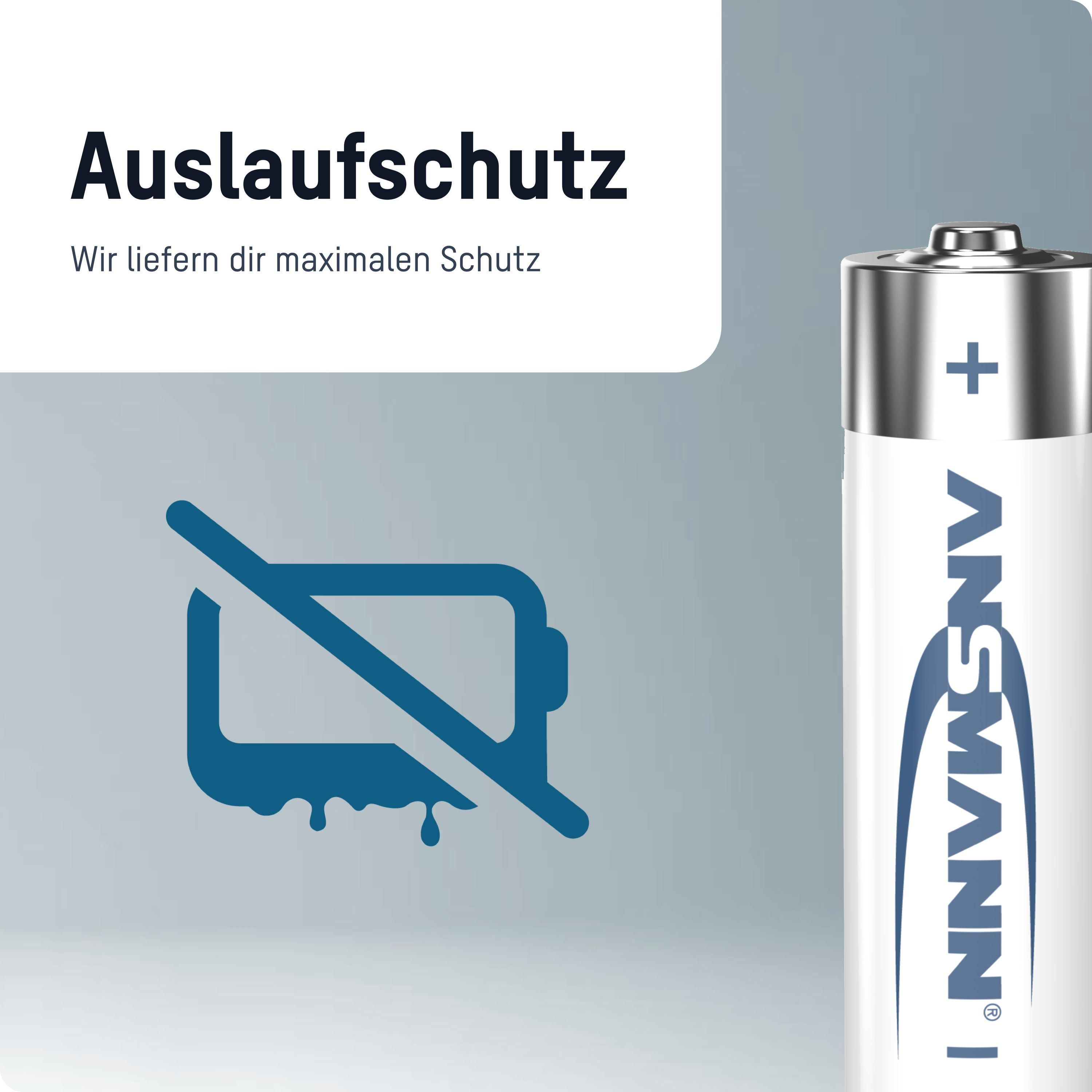 Batterie mit Text: Auslaufschutz. Anti-Auslauf-Symbol.