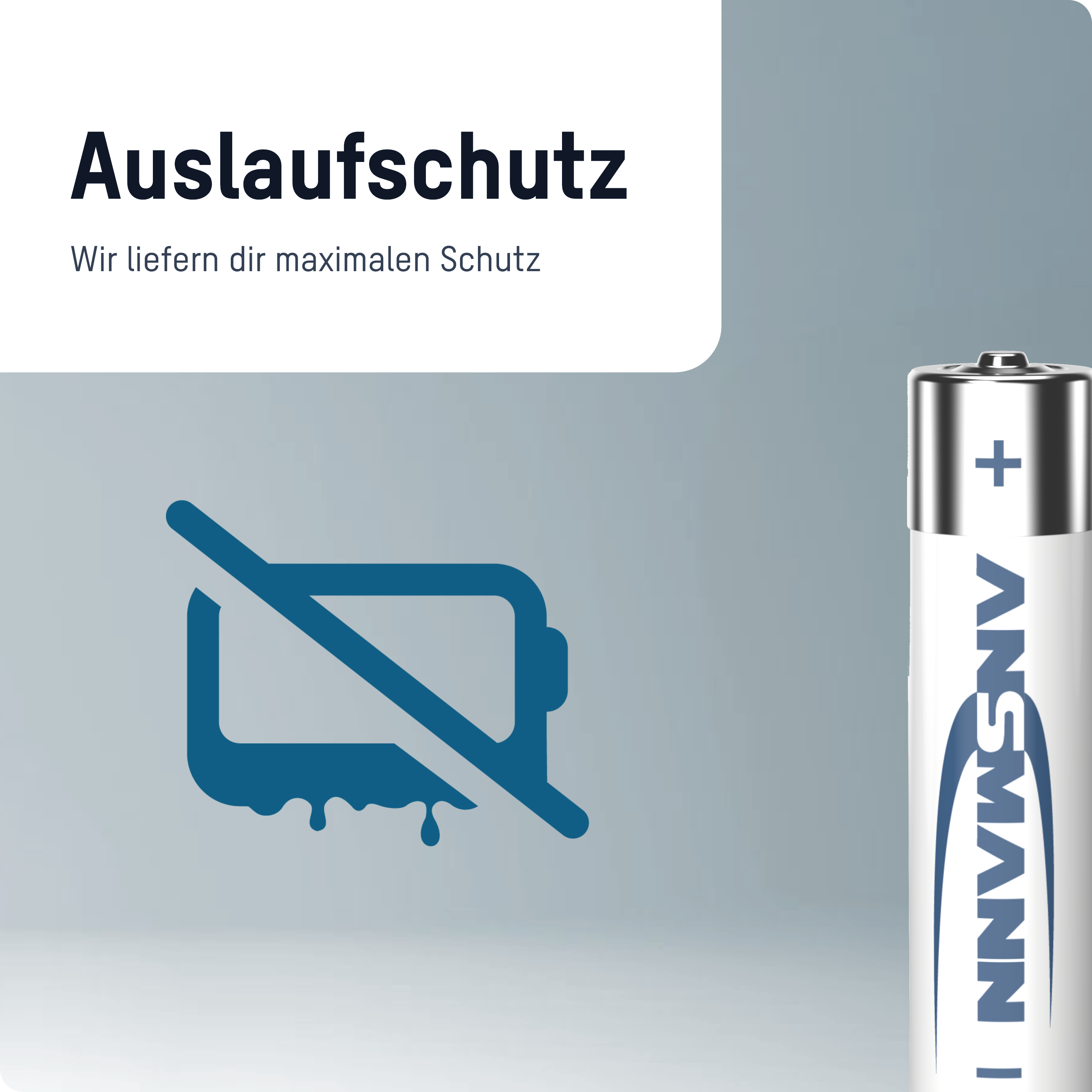 Ansmann-Batterie mit einem Symbol für Auslaufschutz auf grauem Hintergrund.