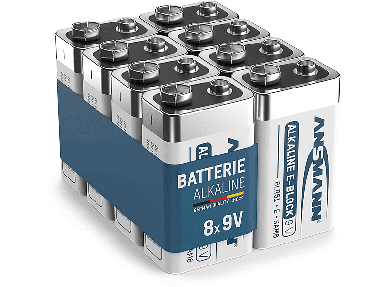 ANSMANN 9V Block Alkaline (8 Rauchmelder, Batterie, 9V Stück) ideal Volt für Alarmanlagen, Brandmelder 9 Block Volt longlife Alkaline Batterie, E - 9