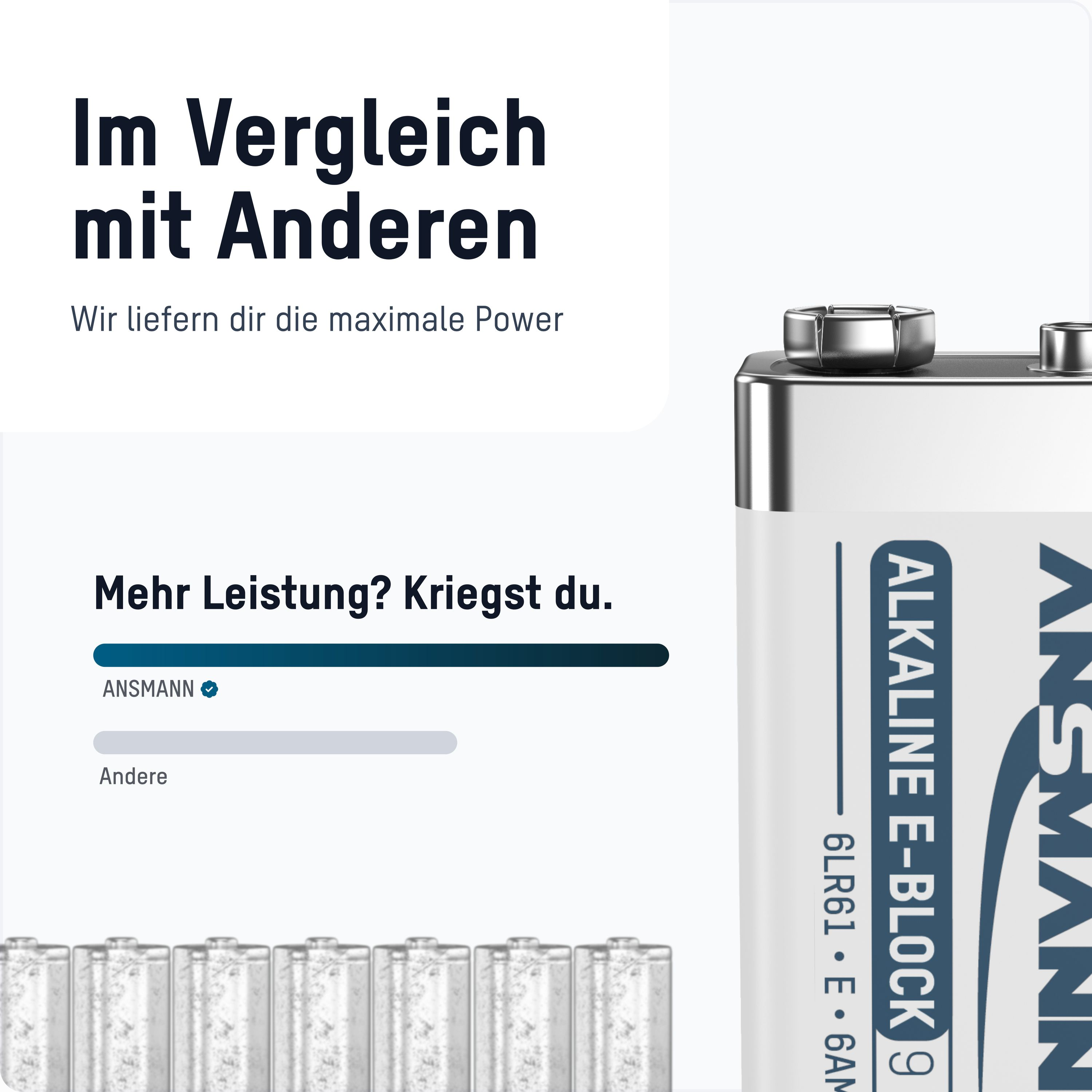 Ein Akku-Pack mit mehreren Batterien davor. Text zeigt 'alkaline e-block' mit dem Markenlogo.
