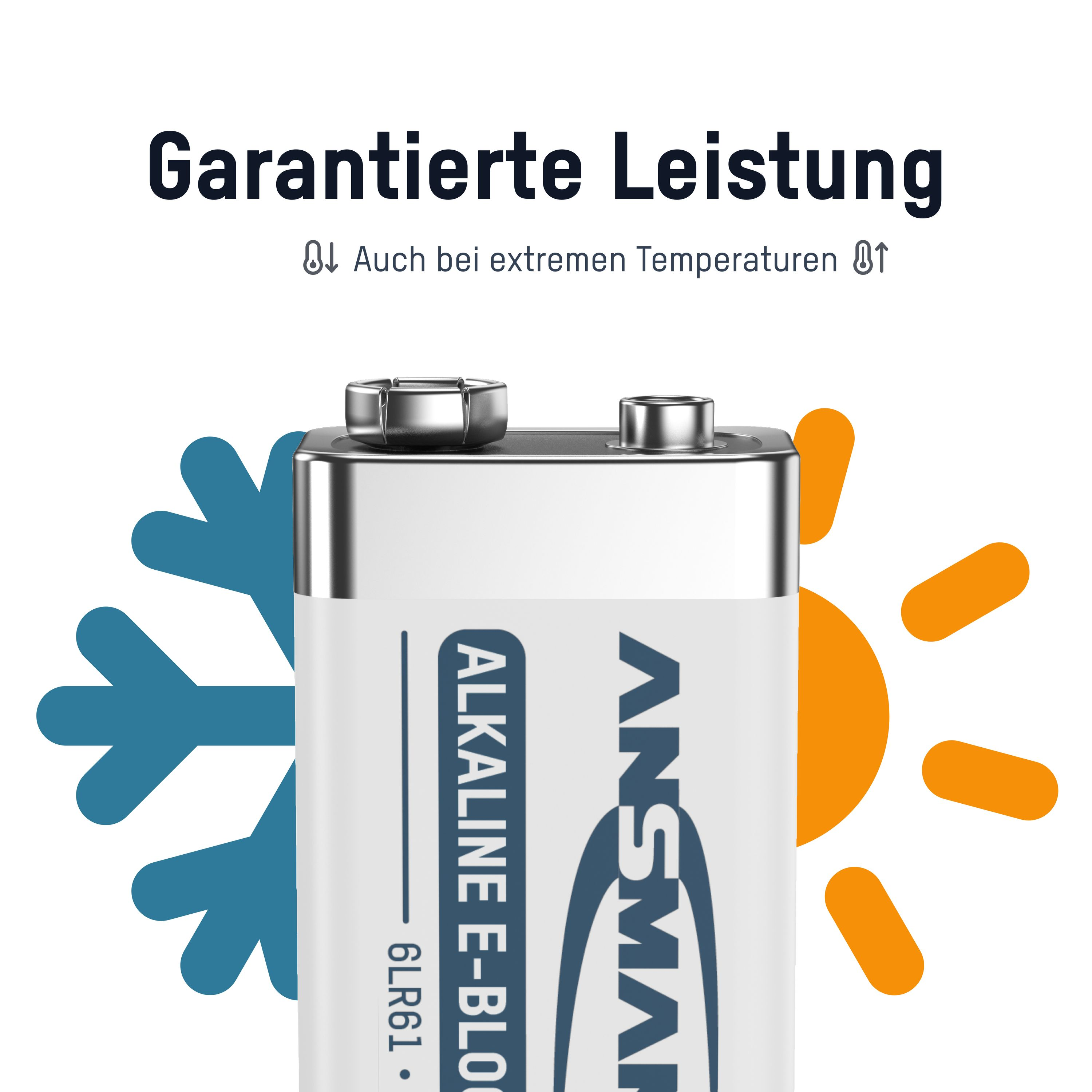 Eine rechteckige 9V-Batterie mit Textüberlagerung. Sie befindet sich neben einer Schneeflocke und einer Sonnengrafik. Weißer Hintergrund.