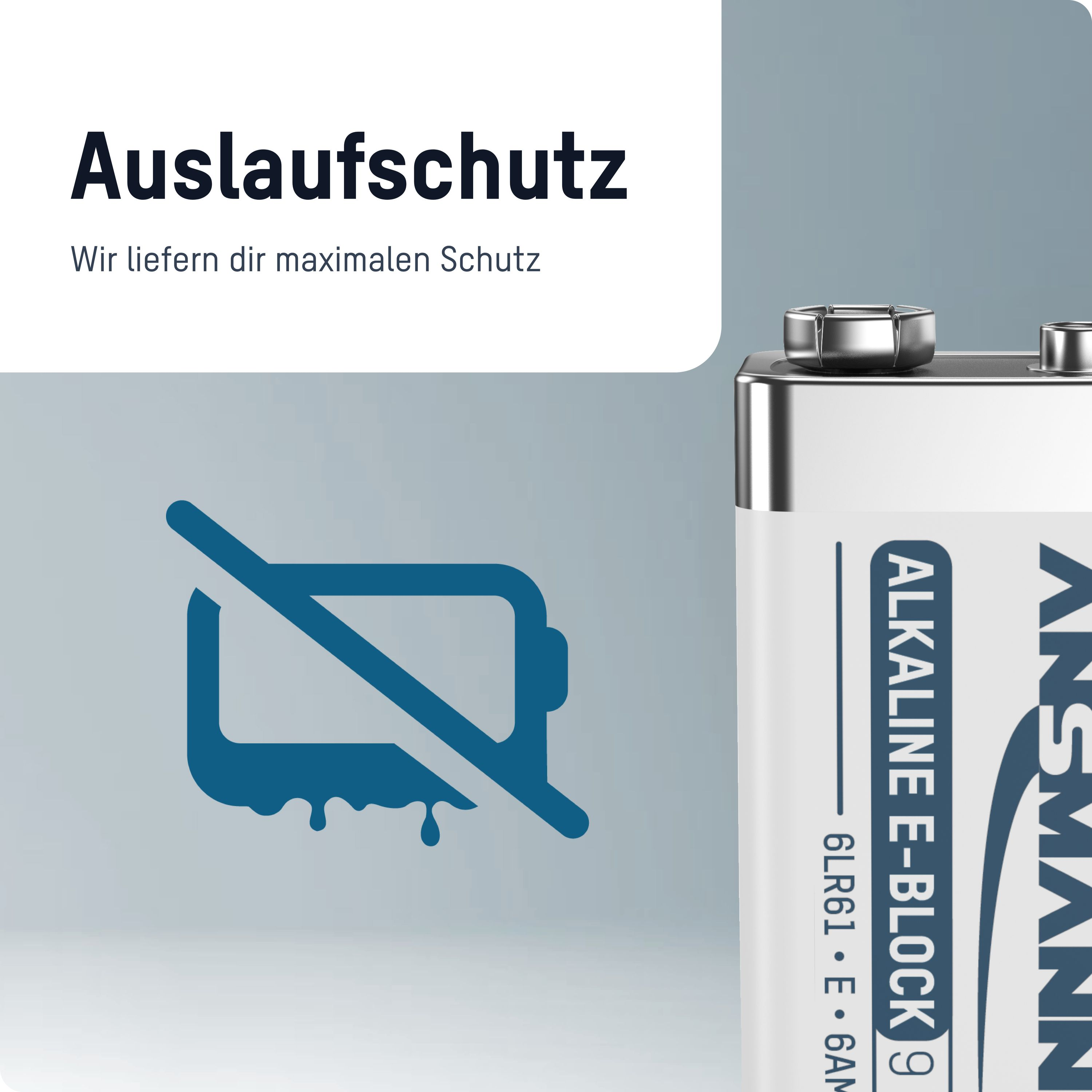 Eine Batterie mit einem Auslaufschutz-Symbol. Der Markenname ANSMANN und Batterieinformationen sind auf dem Etikett.