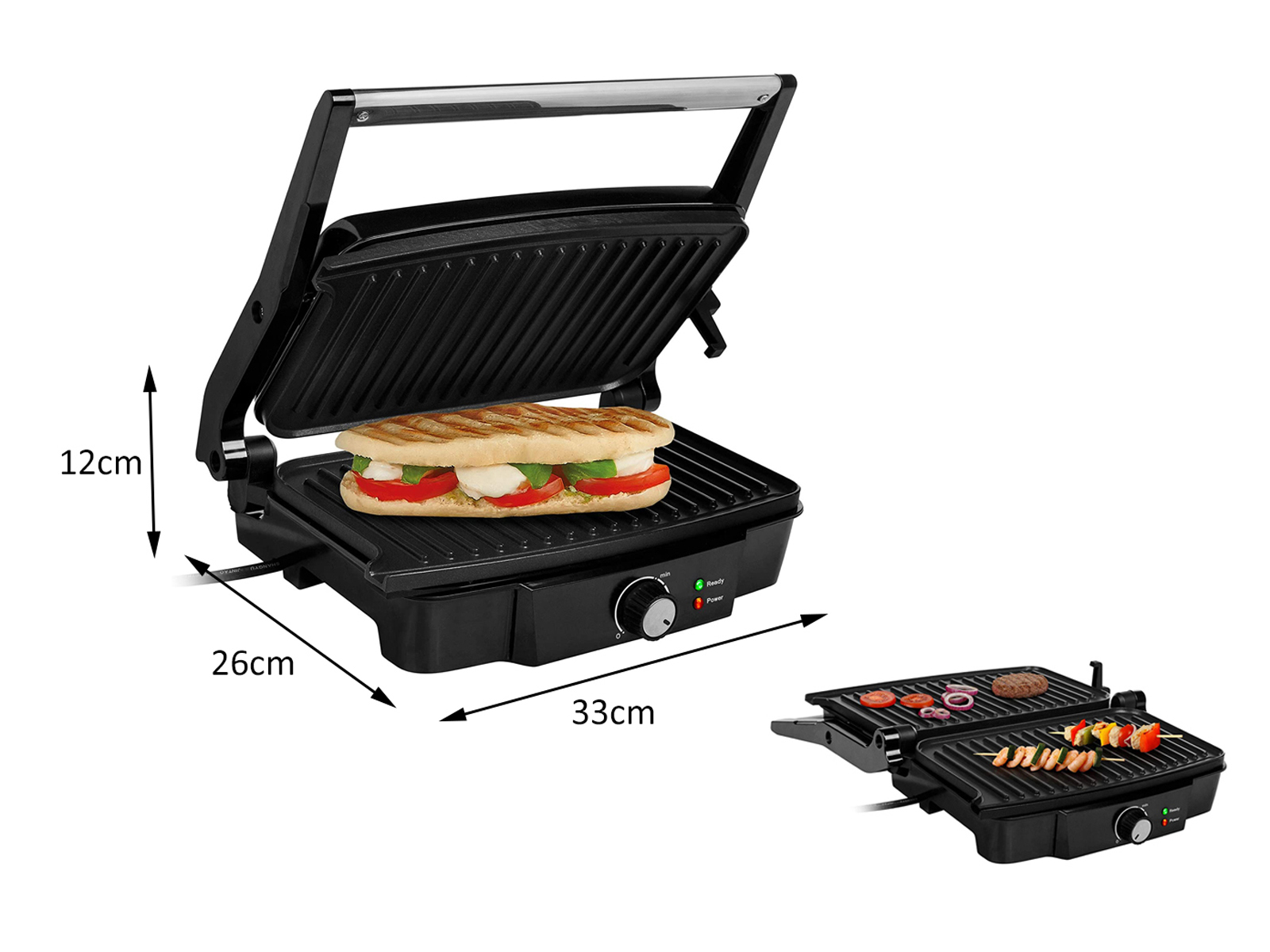 Schwarze Panini-Presse mit einem Sandwich darin. Eine andere befindet sich rechts, mit Gemüse und Spießen.