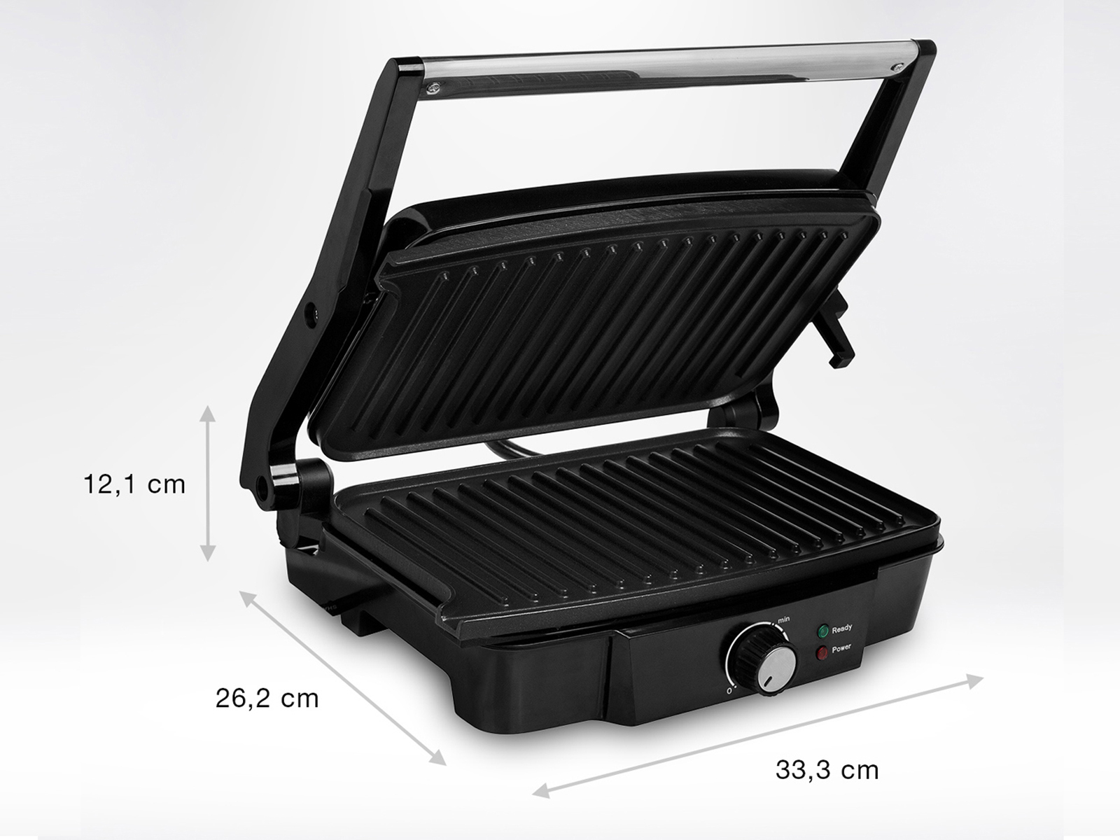 Schwarze Panini-Presse offen, mit Grillplatten, Abmessungen und Bedienrad auf weißem Hintergrund.