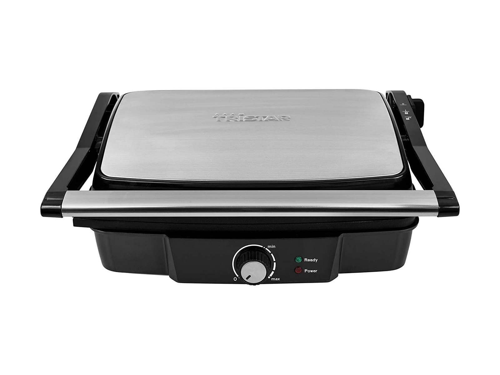 Schwarzer und silberner Tristar-Grill mit Temperaturregler und Betriebsanzeige.