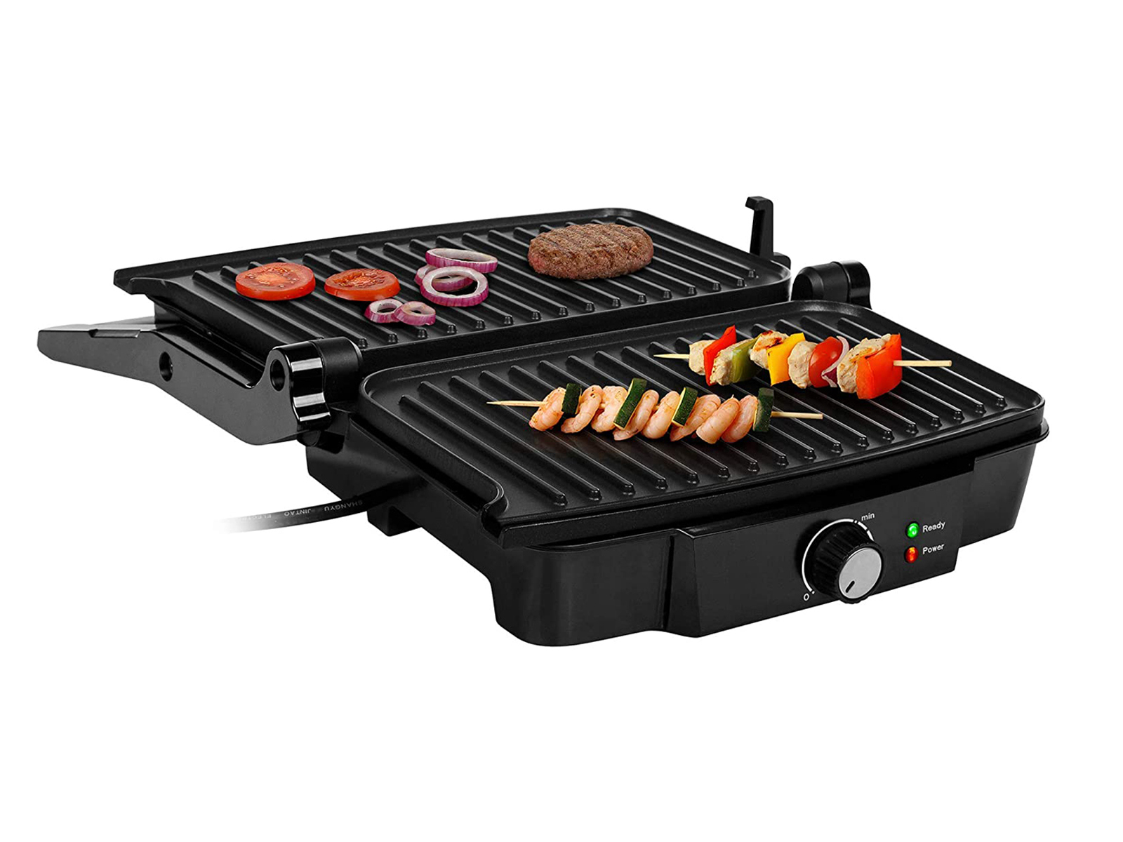 Ein schwarzer Grill mit Essen darauf. Oben Gemüse und ein Burger, unten Spieße.