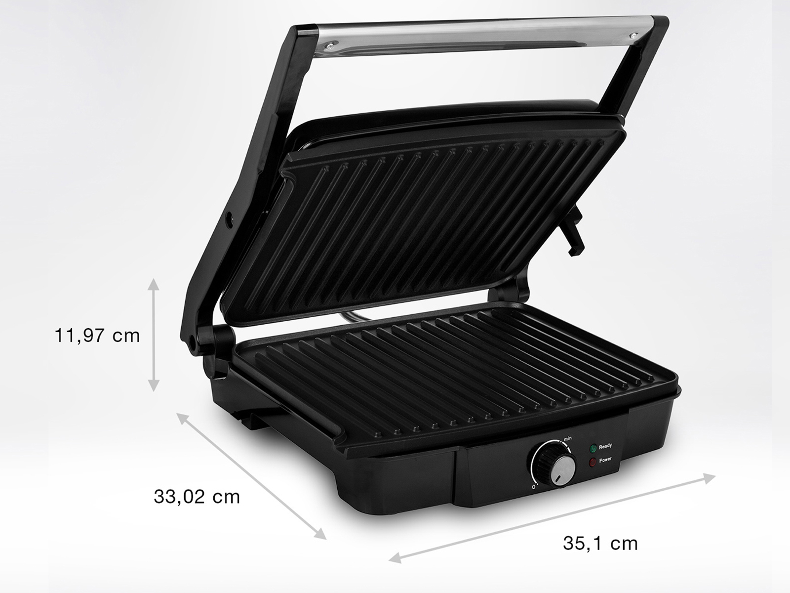 Eine schwarze Panini-Presse mit Maßangaben auf weißem Hintergrund.
