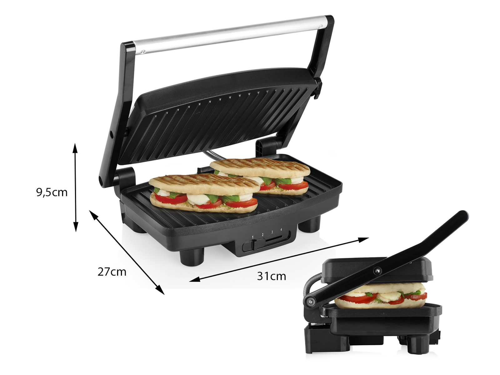 Schwarzer Sandwichmaker mit zwei Sandwiches, Abmessungen gezeigt und Seitenansicht.