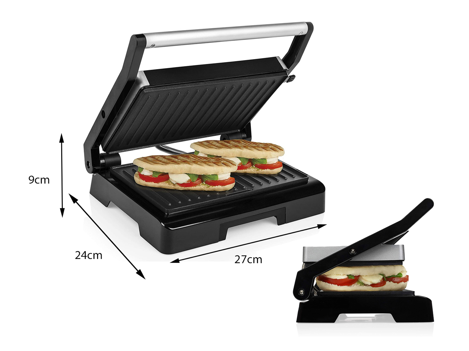 Czarna prasa do panini z dwiema kanapkami. Kanapki mają chleb, pomidory i mozzarellę. Wymiary są pokazane.
