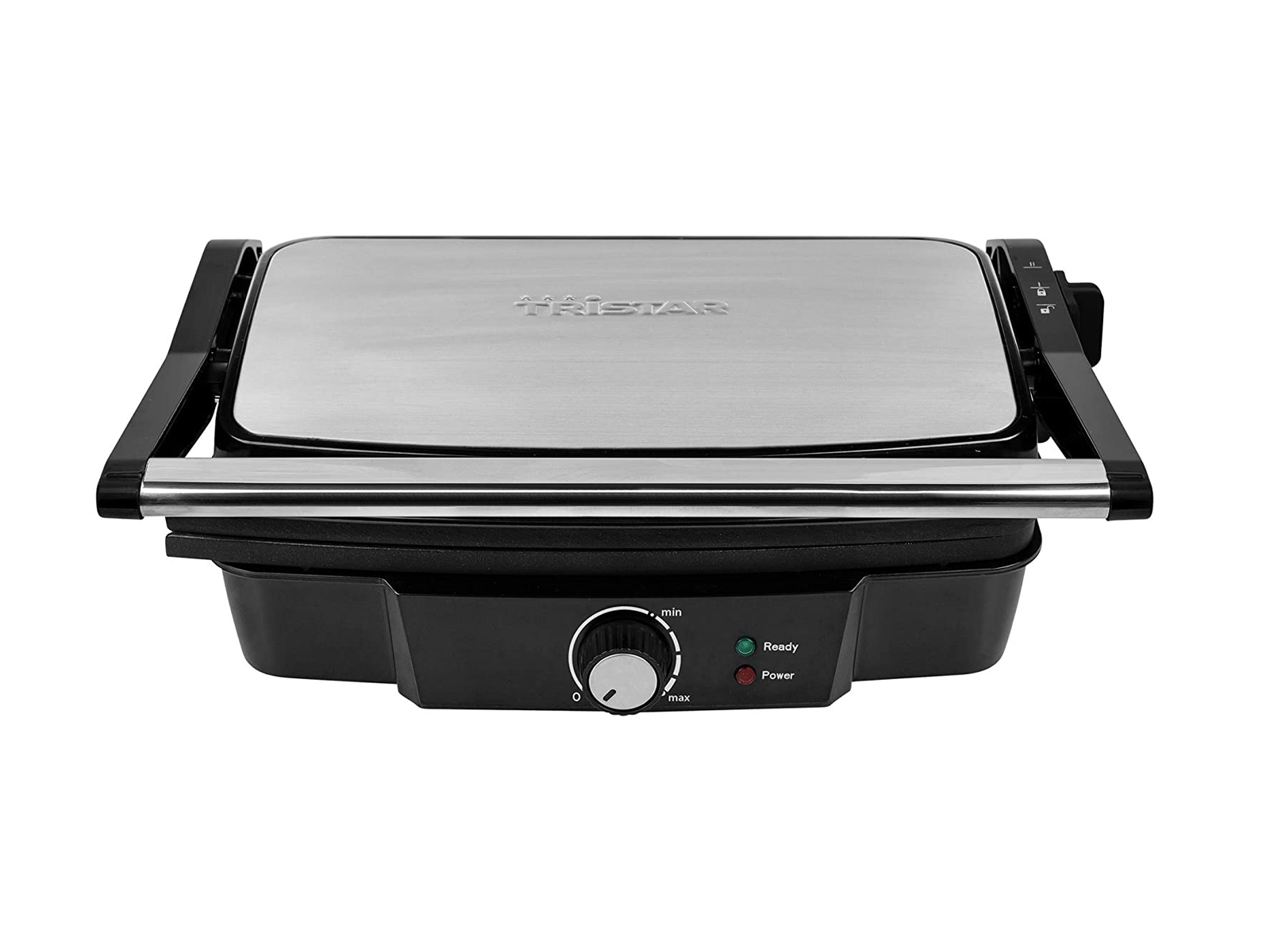 Silberner Grill mit schwarzem Sockel und Griff. Drehregler und Betriebsanzeigen sichtbar.