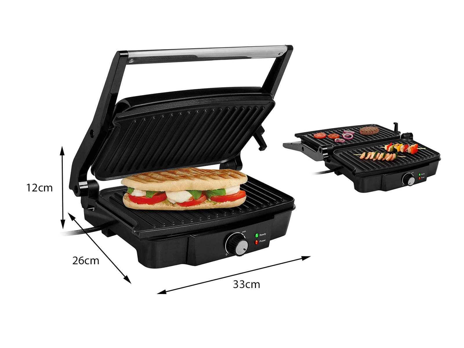 Schwarzer Panini-Grill mit Sandwich. Abmessungen sind links und unten angegeben.