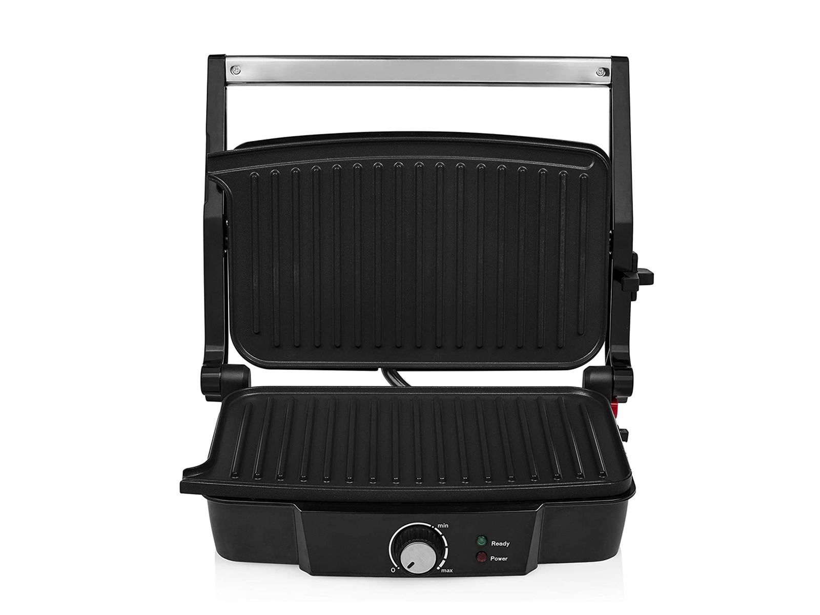 Schwarzer Panini-Grill mit offenem Deckel, zeigt die Grillplatten und den Bedienknopf. Weißer Hintergrund.