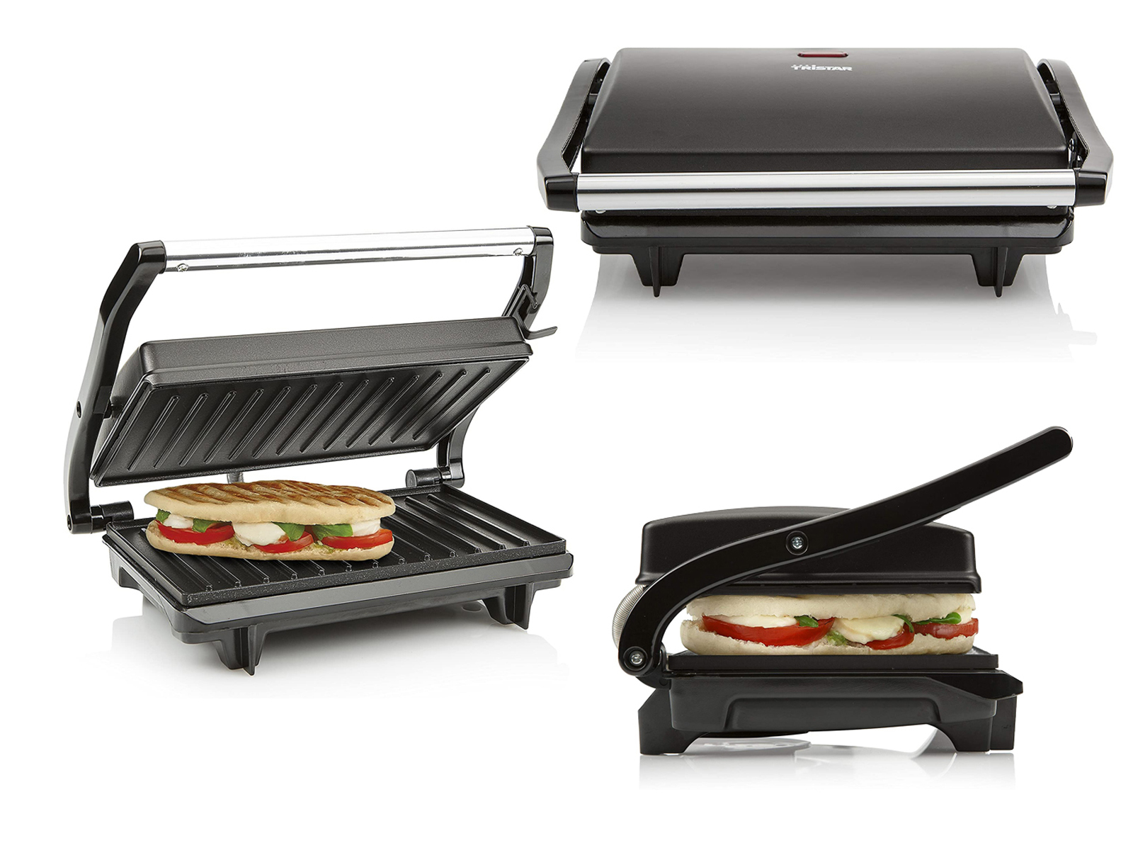 Sandwich maker nero, aperto con sandwich, chiuso e vista laterale con sandwich.
