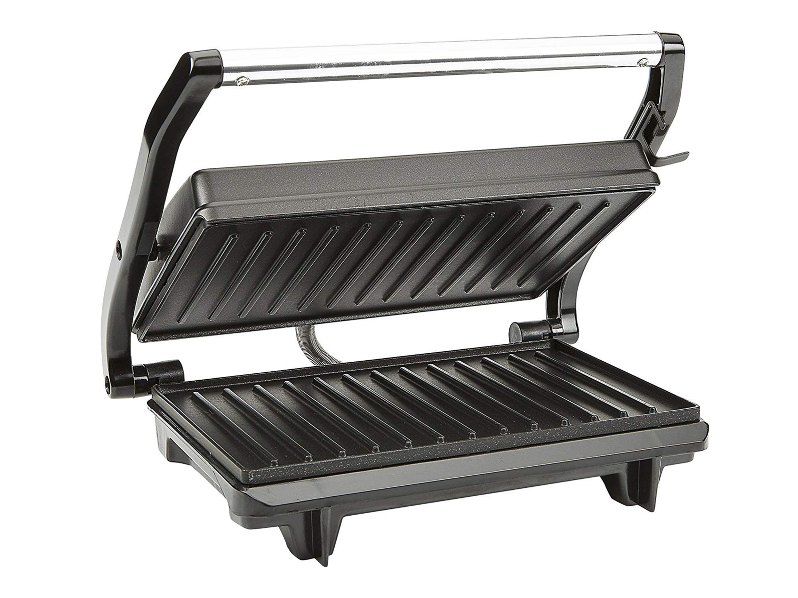 Una piastra per panini nera aperta con piastre grill, che mostra le superfici superiore e inferiore.