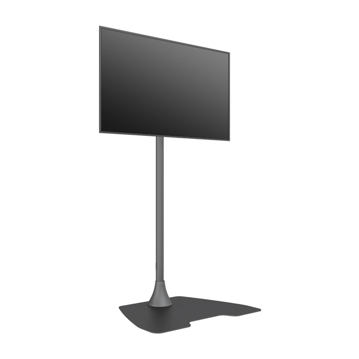 Un televisor negro sobre un soporte gris. El soporte tiene una base en el suelo. Fondo blanco.