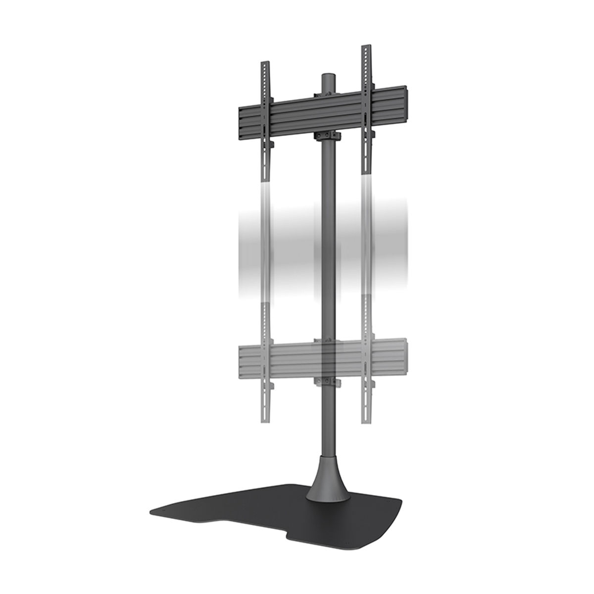 Soporte de TV, gris con base negra. Tiene soportes para TV y base grande.