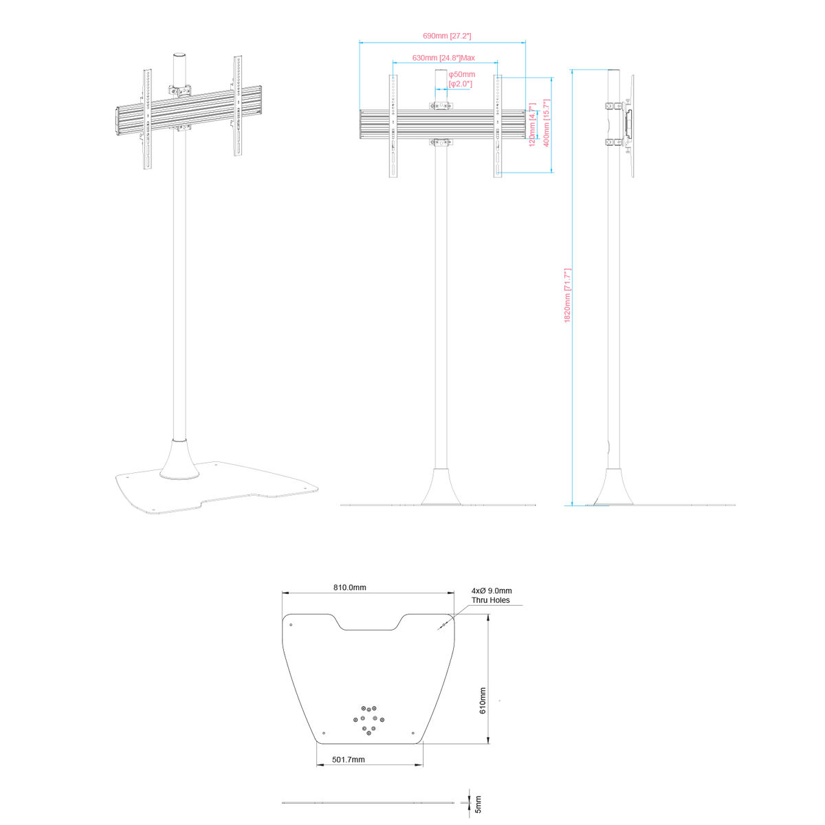 Dibujo técnico de un soporte de TV con dimensiones y detalles.