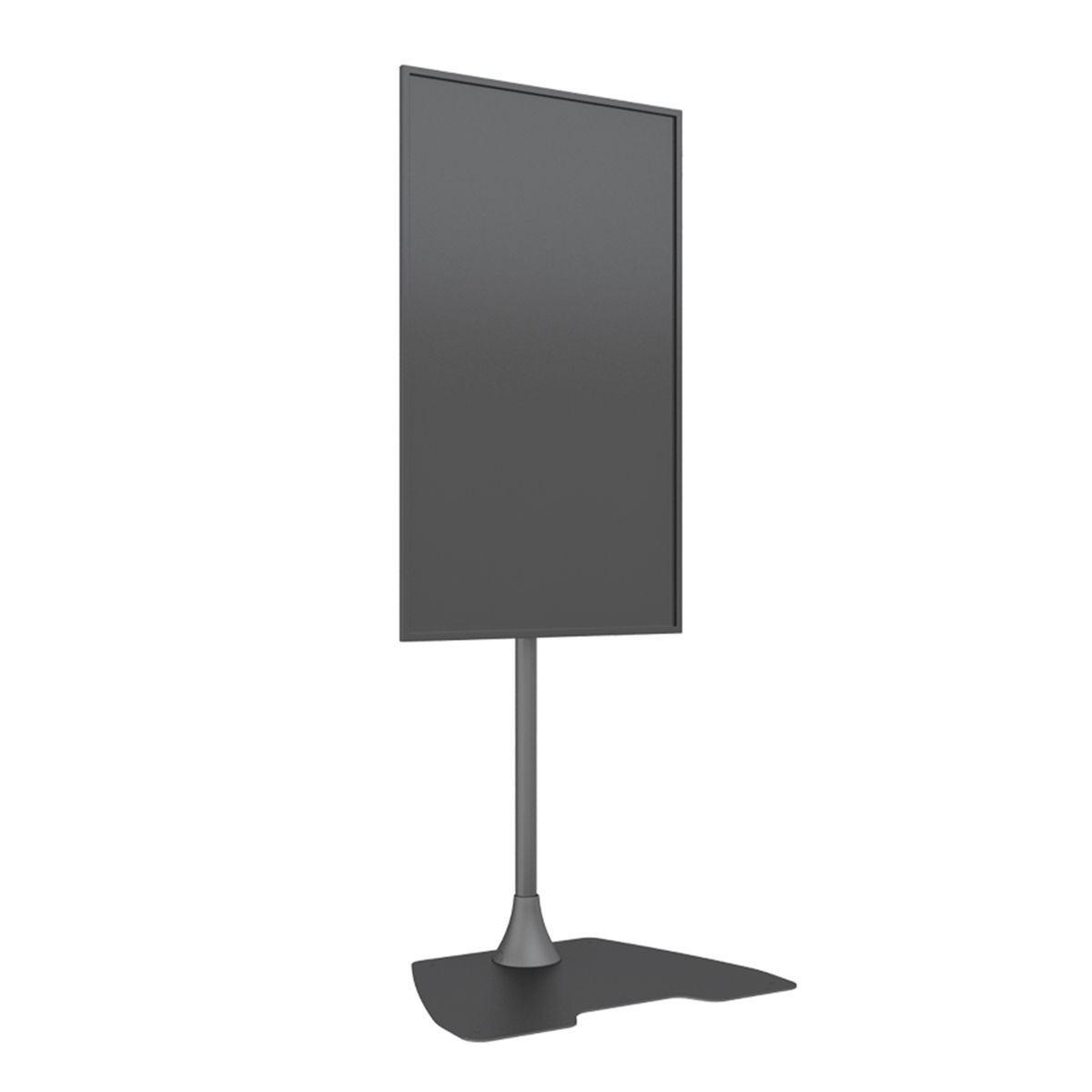 Un soporte alto y gris con una pantalla negra.