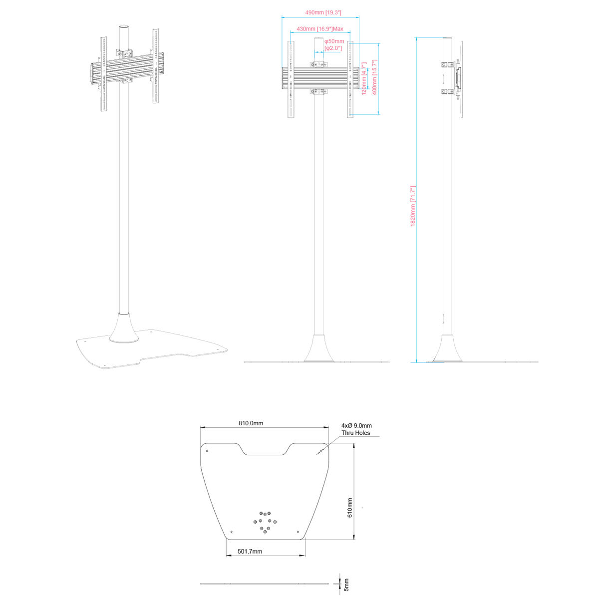 Dibujo técnico de un soporte de TV sobre un fondo blanco.